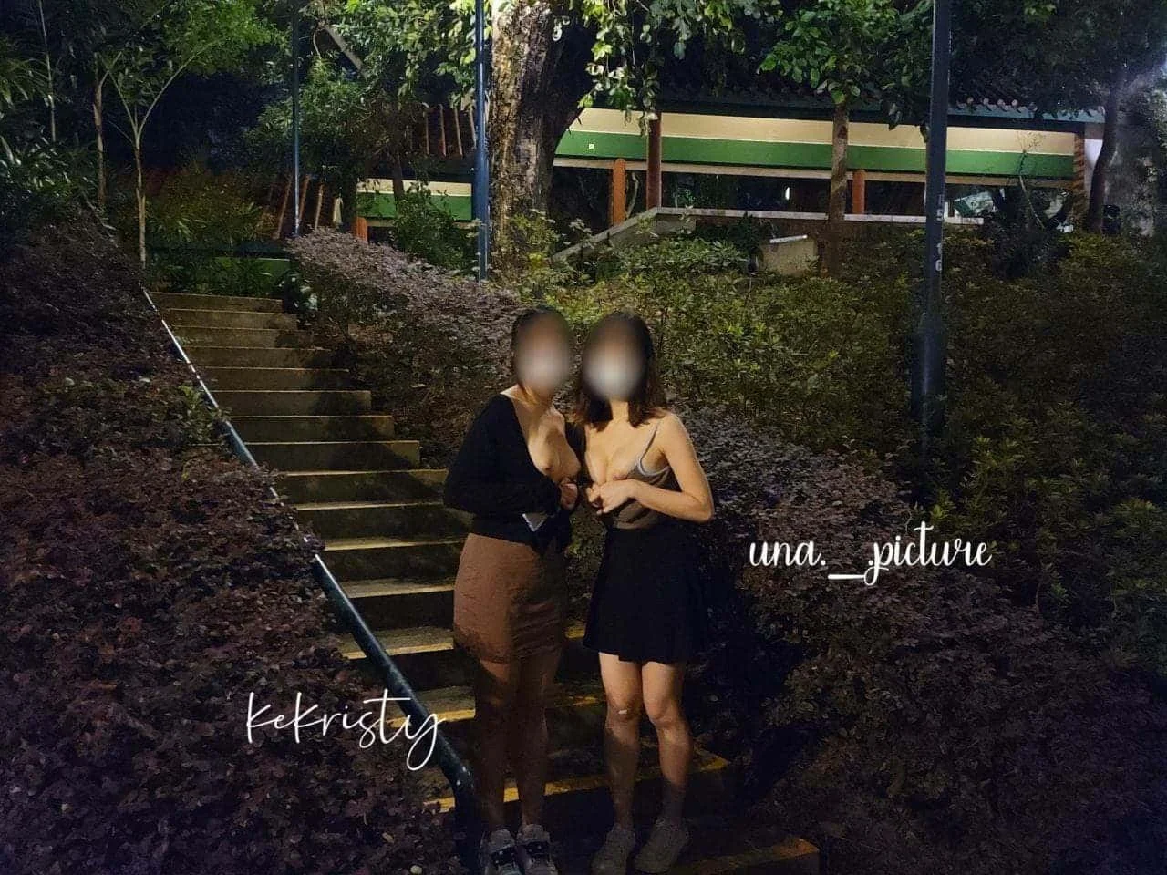Two women with blurred faces standing on outdoor steps at night, holding hands, surrounded by trees and bushes, with some light sources illuminating the scene.