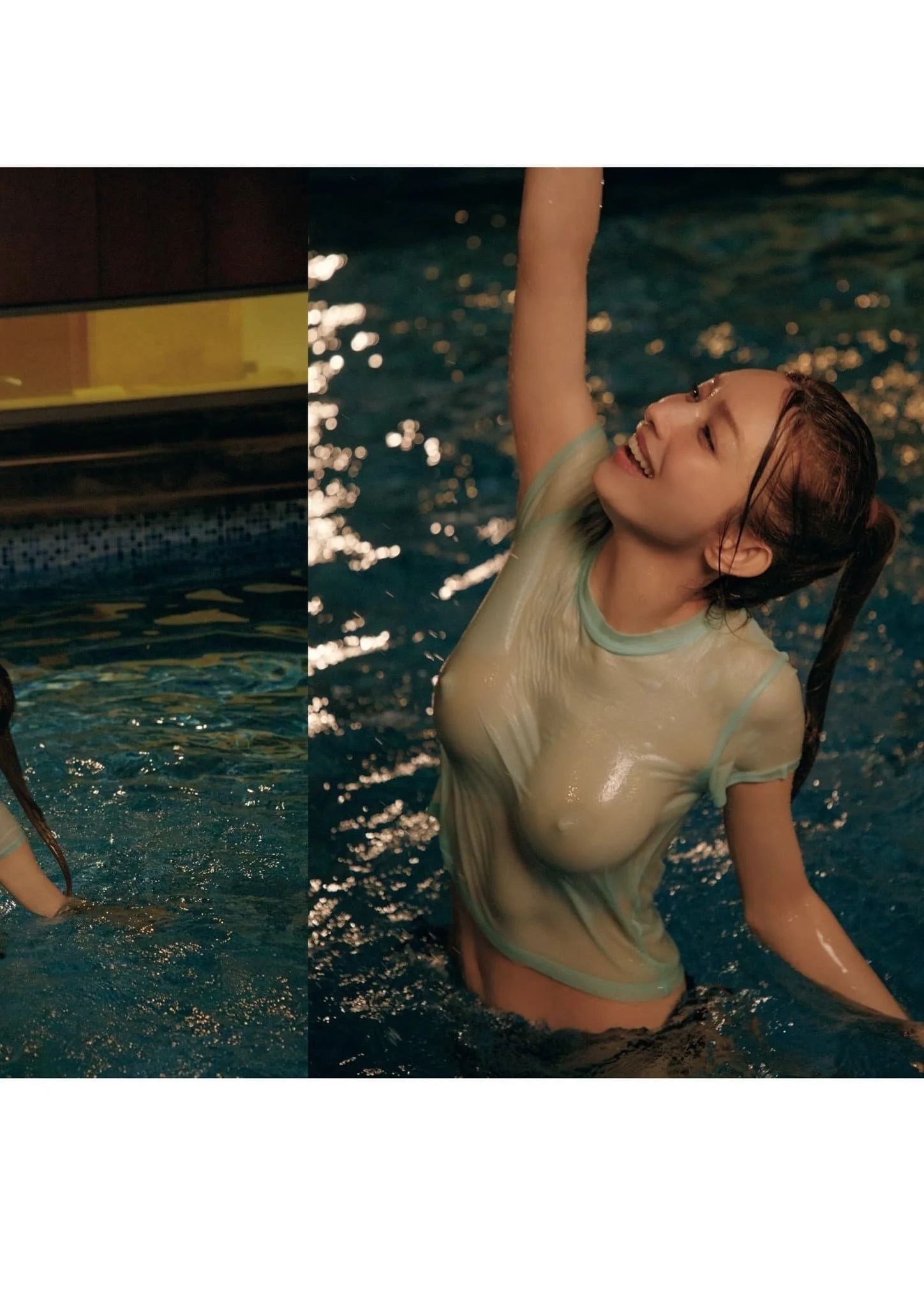 A young woman smiling and enjoying herself in a swimming pool, wearing a wet, translucent T-shirt.