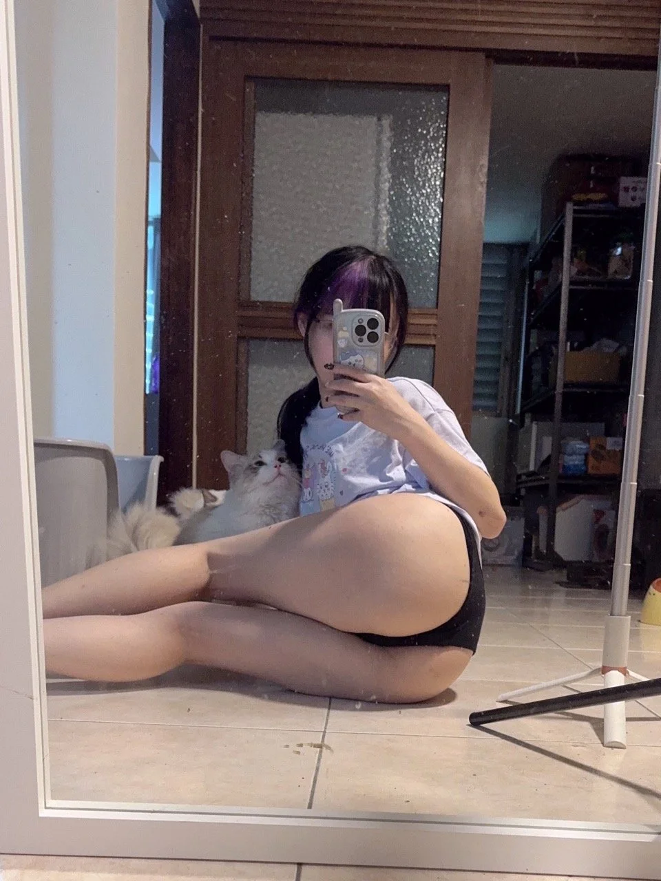 A person sitting on the floor taking a mirror selfie with a smartphone, sitting next to a fluffy white cat, with a wooden door, shelving unit, and various household items in the background.