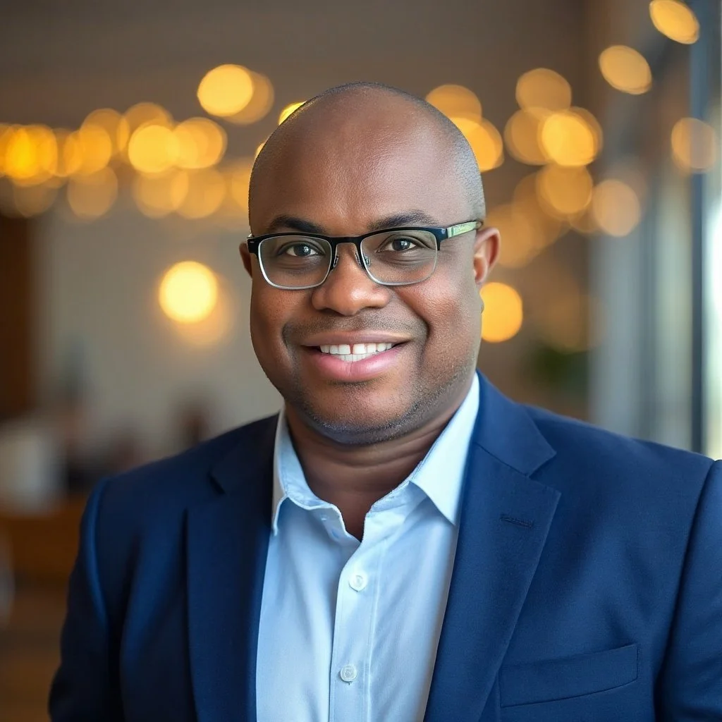 A smiling man with glasses in a blue suit and light blue shirt, indoors with warm ambient lighting and blurred background.