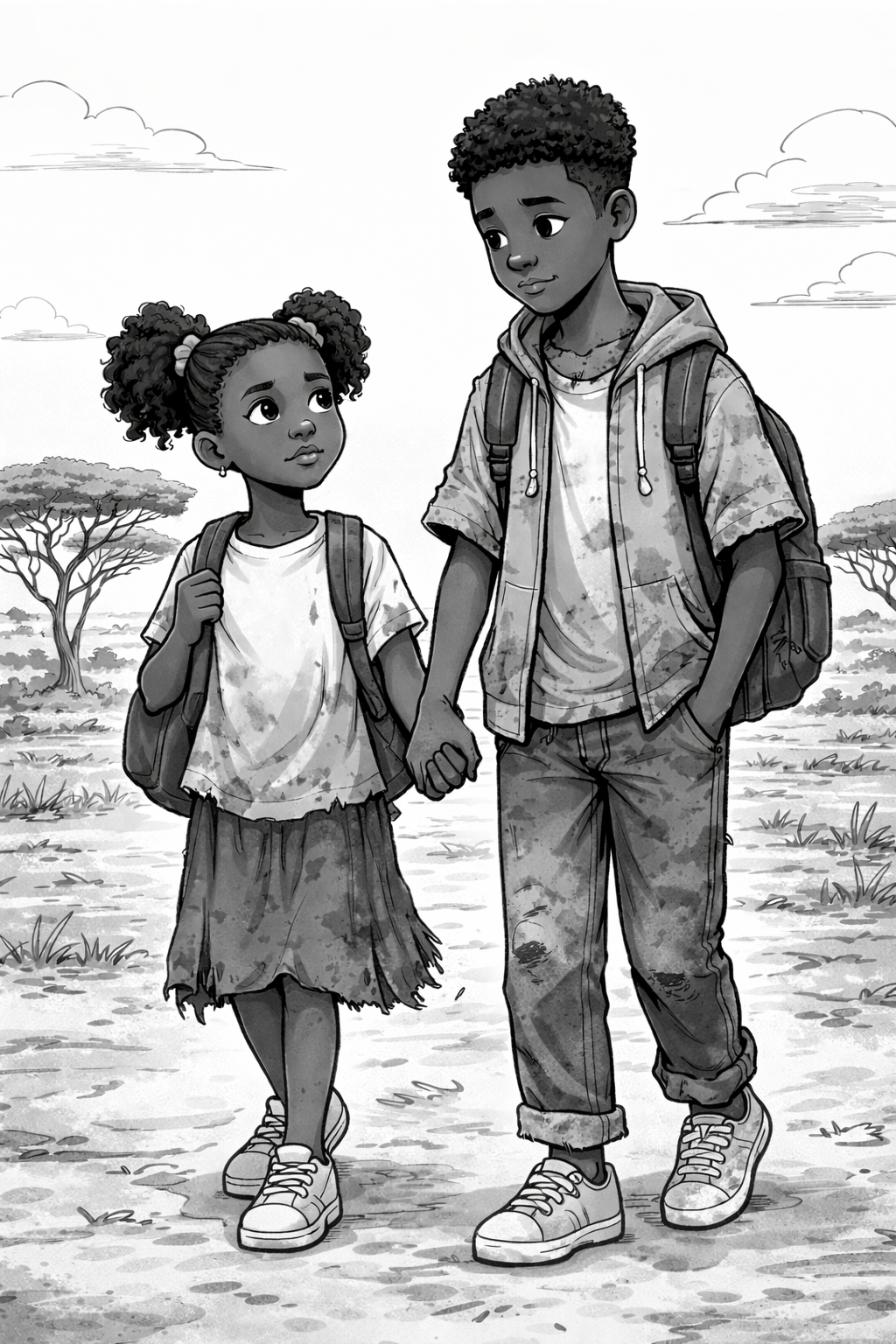 Cartoon image of a brother and sister walking along holding hands looking downcast