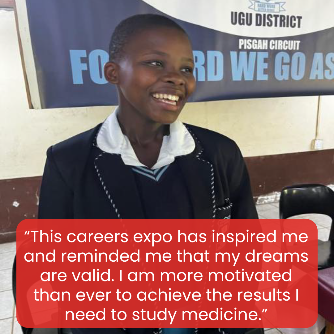 Esther is smiling and feeling encouraged after the careers expo