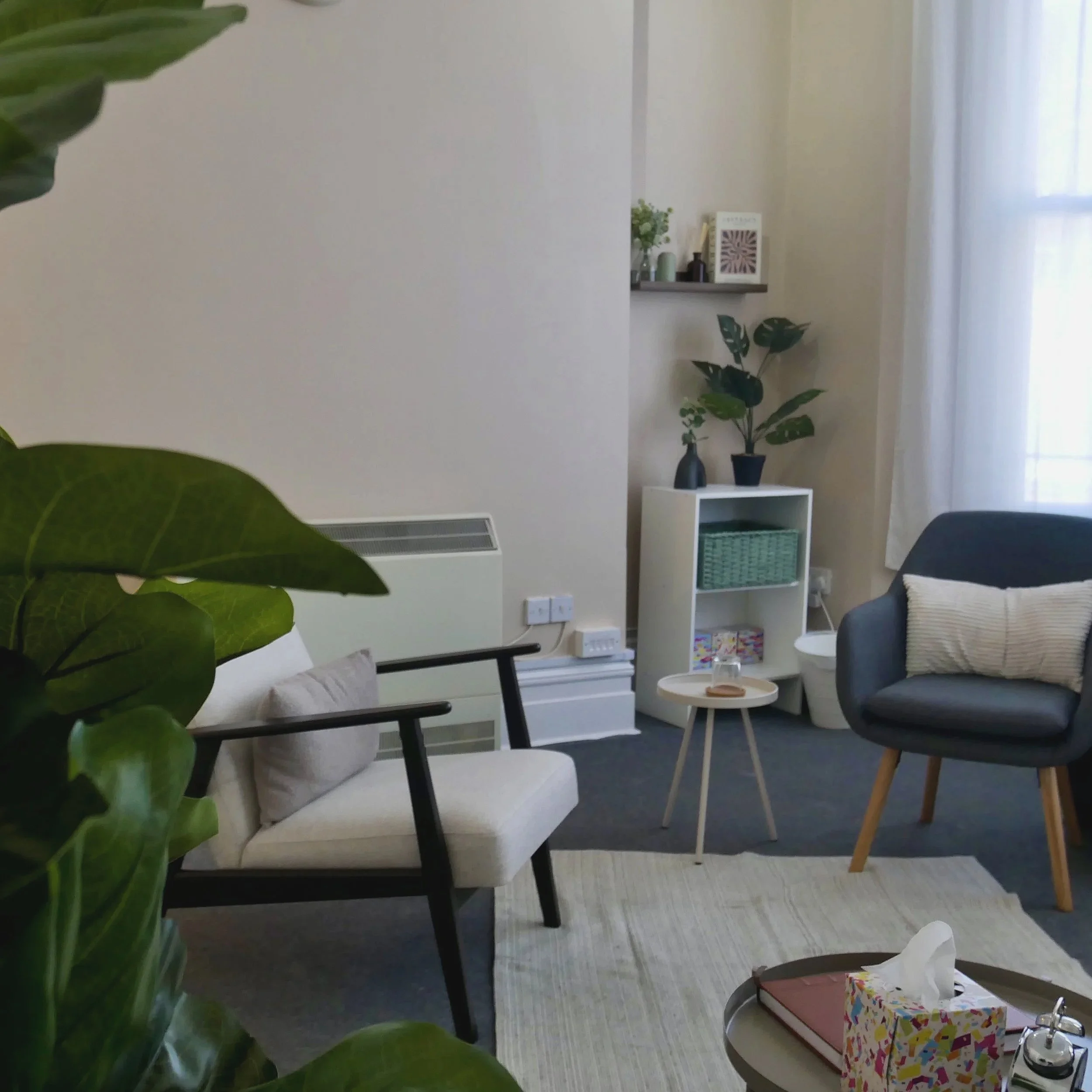 A cozy living room with a white sofa, a gray armchair, a small wooden side table, and a white bookshelf. Green plants and decorative items are on the shelf and beside the window, with soft natural light.