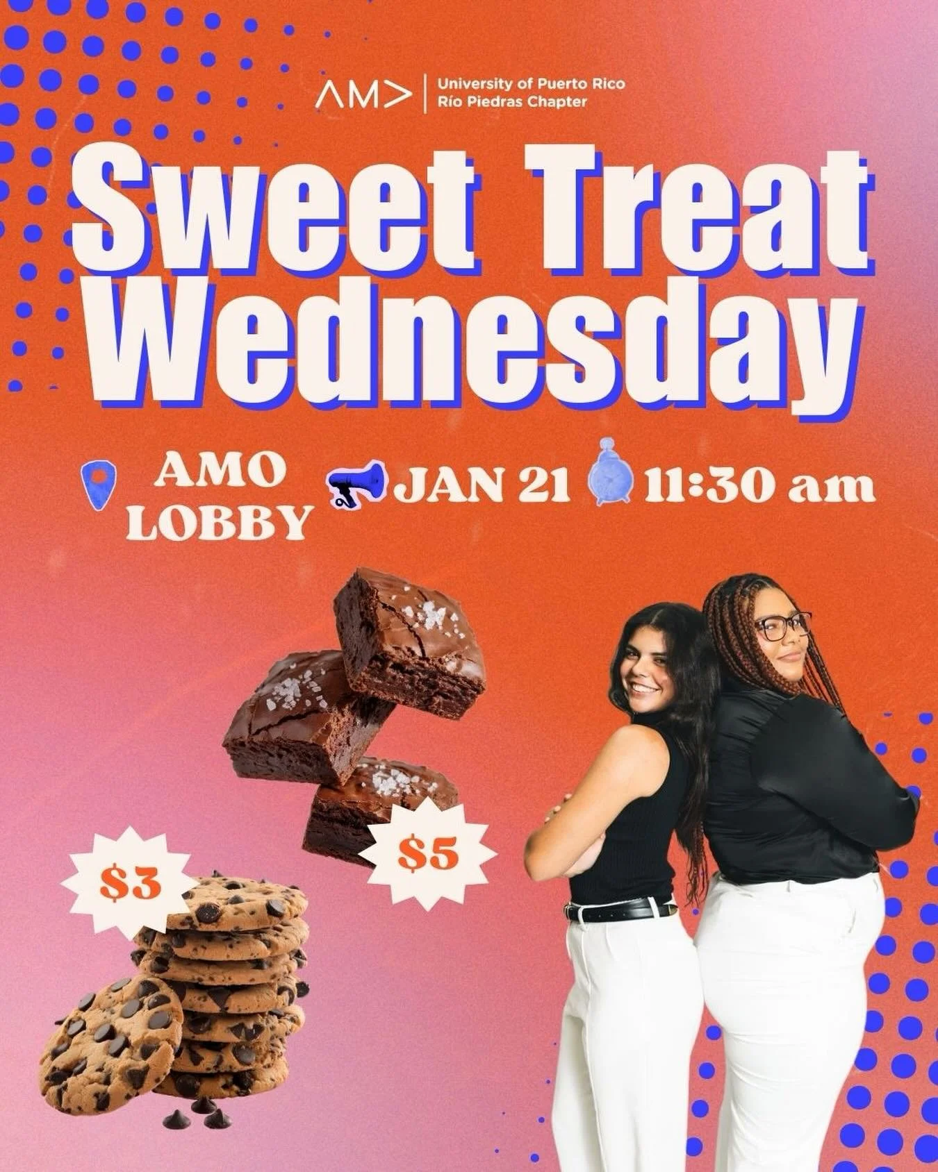 Sweet Treat Wednesday is back!🍪✨

Join us for our first Sweet Treat Wednesday of the semester, filled with delicious brownies and cookies to brighten your day. Start this new semester with something sweet and treat yourself as you kick off the weeks