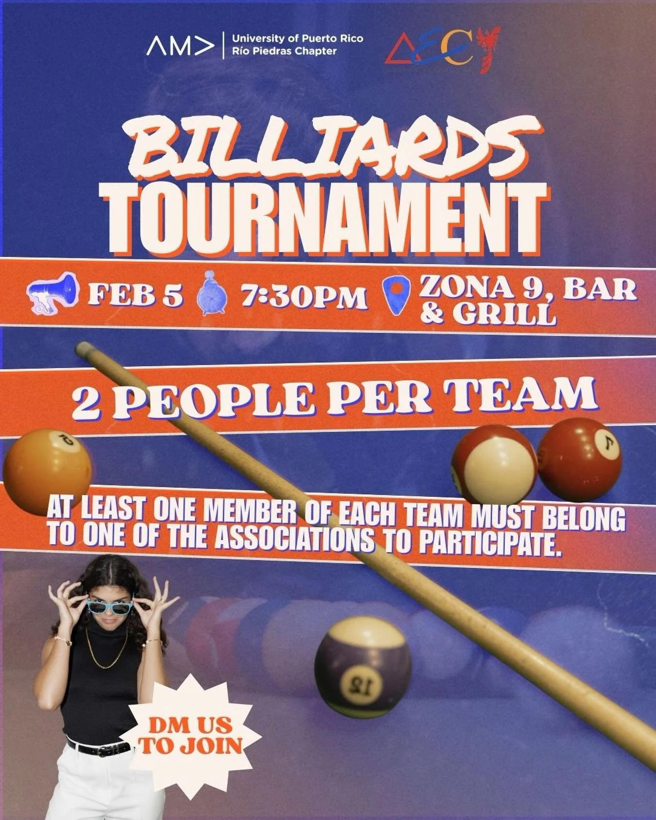 Game on 🎱🔥

Get ready for our Billiards Tournament in collaboration with @aec.uprrp ! Grab a partner and show off your skills on the table. DM us to join! 
📅 Date: February 5  📍 Location: Zona 9, Bar &amp; Grill  ⏰ Time: 7:30pm 

👥 Teams of 2 pl