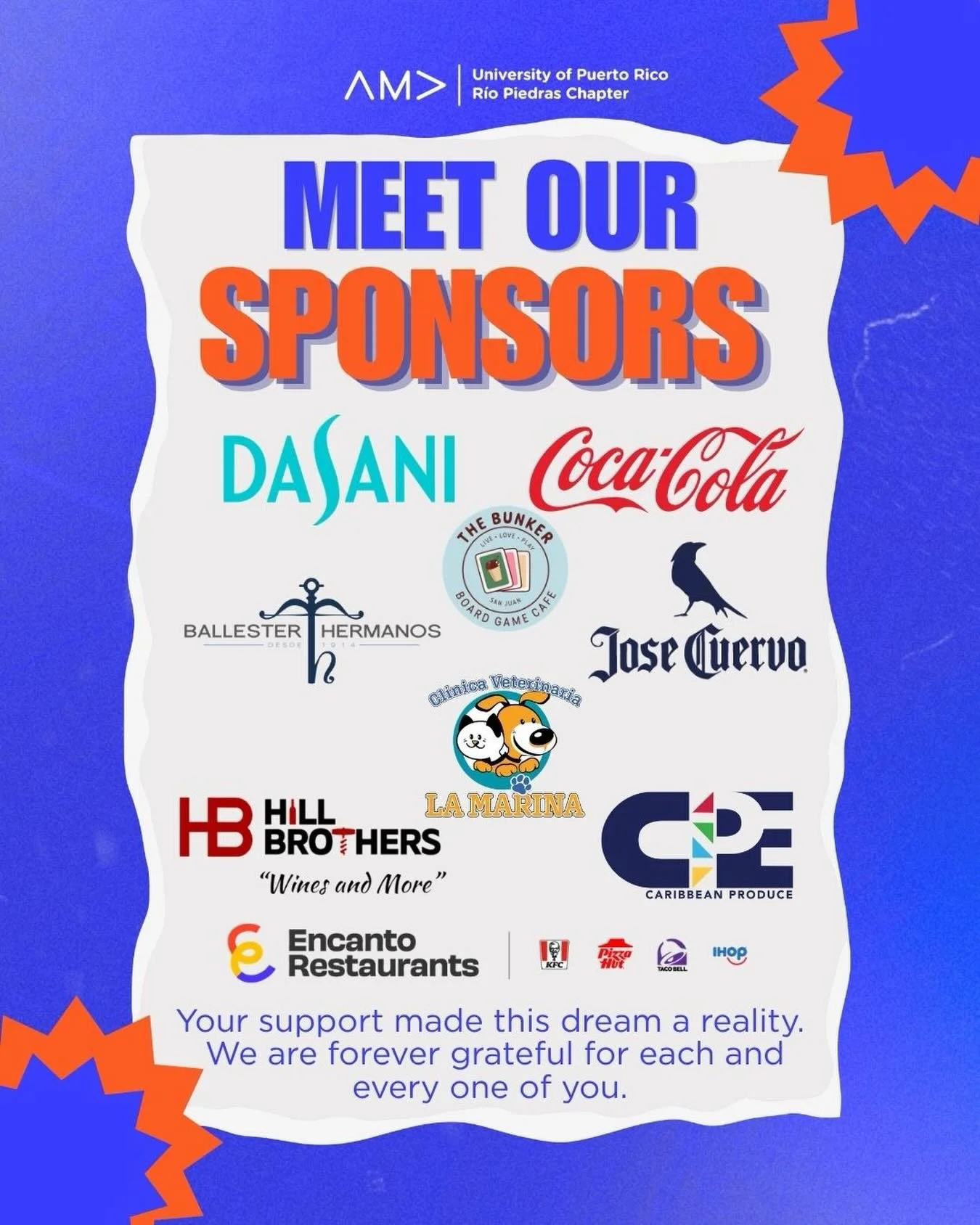 Thank you to our incredible sponsors for making The Gala possible ✨

We are beyond grateful for the support of Coca Cola, Dasani, Ballester Hermanos, Jose Cuervo, Hill Brothers, The Bunker Board Game Caf&eacute;, La Marina Veterinary, and Caribbean P