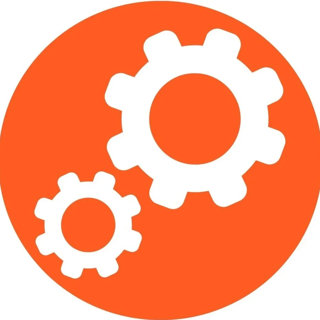 Icon with two white gears of different sizes on an orange circular background.