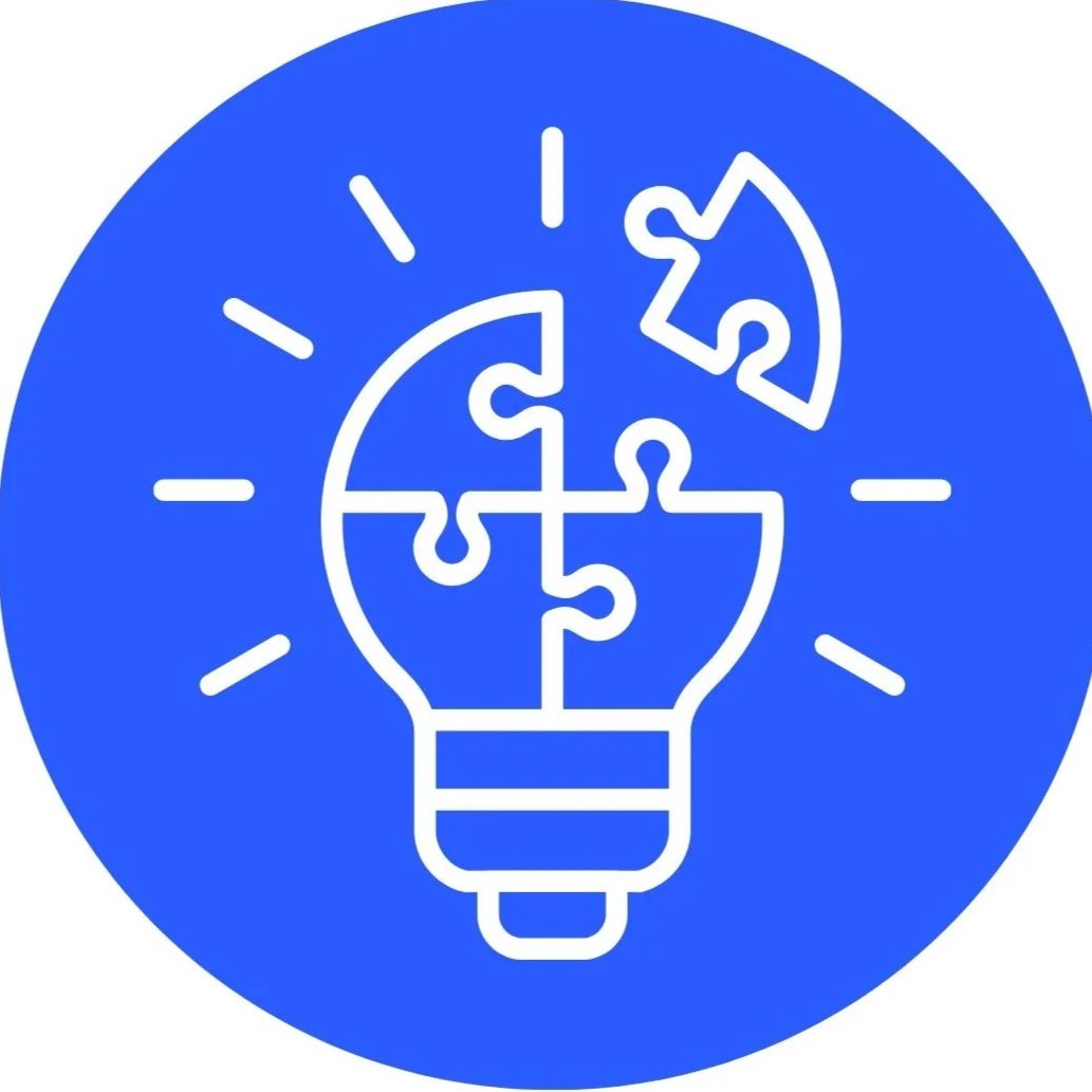 A blue circular icon featuring a white outline of a hand holding a lightbulb, with the lightbulb made up of interconnected puzzle pieces.