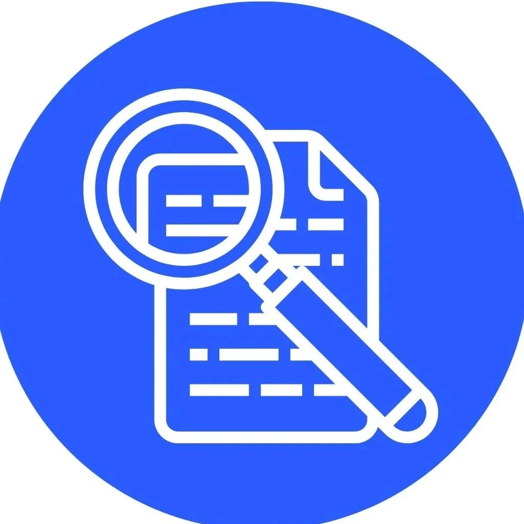 Icon of a document with lines of text being examined with a magnifying glass.