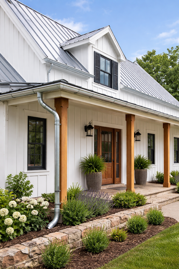 Front porch of a white house with a metal roof, wooden columns, and black shuttered windows, decorated with potted plants and a landscaped garden.