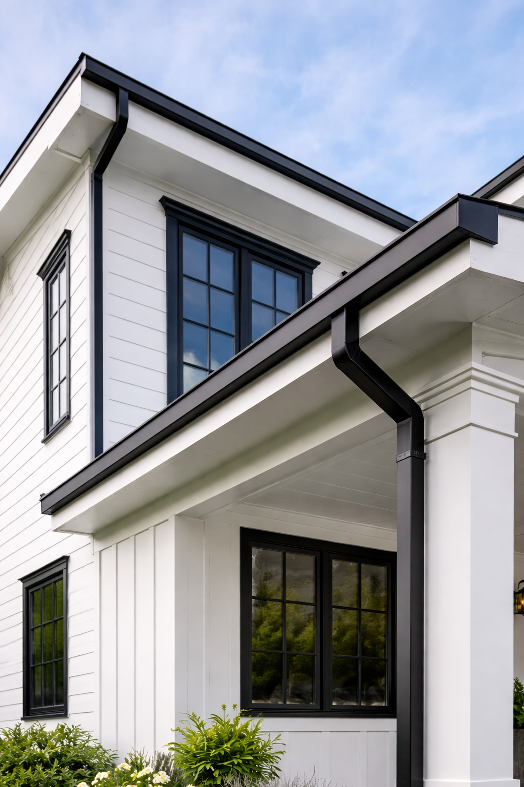 Close-up of a modern white house with black window frames and black gutters, featuring a bay window and a balcony, with green plants in the front yard.