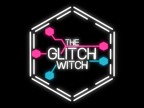 Neon logo for The Glitch Witch inside a hexagonal circuit motif.