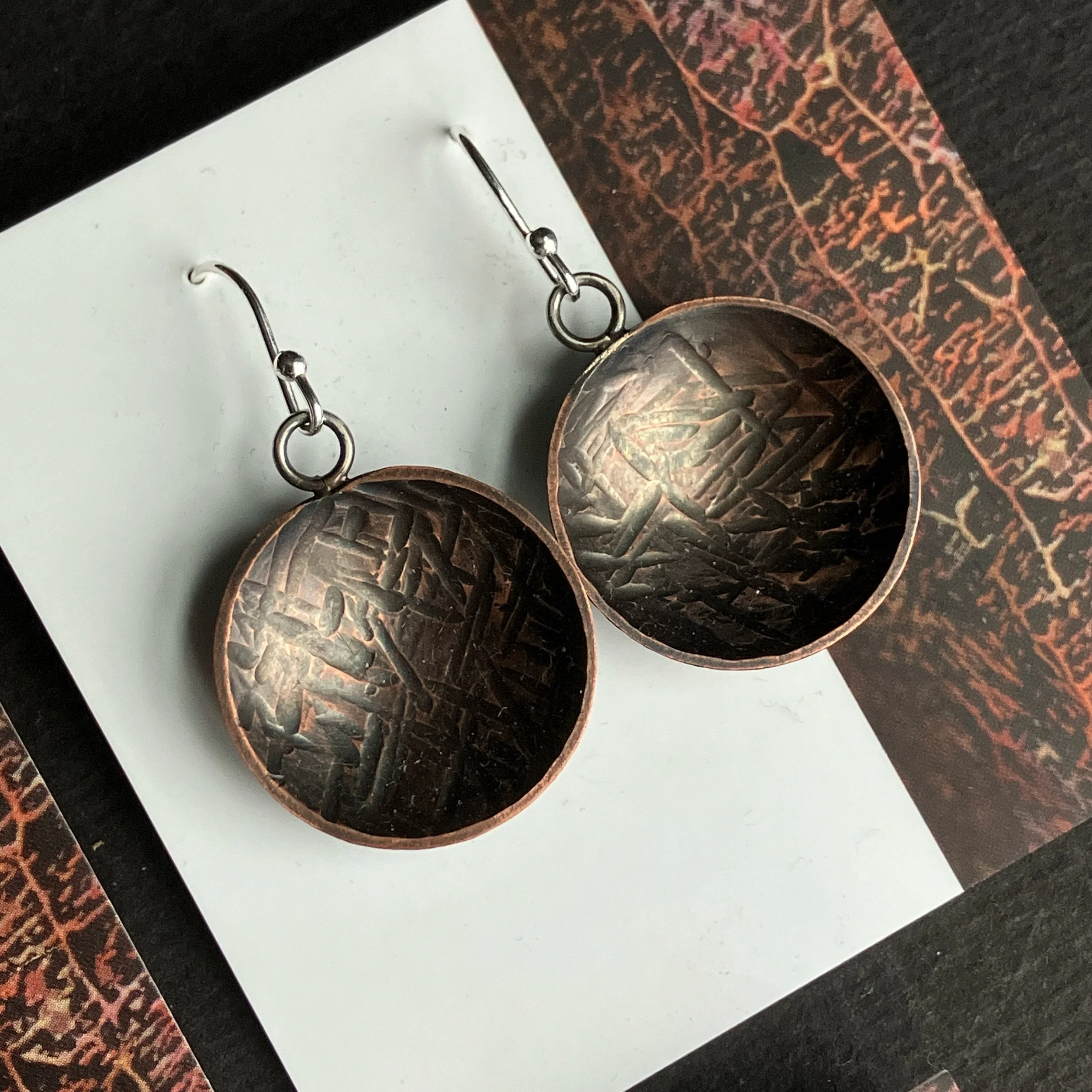 Oxidised copper bowl dangle earrings with hammered texture