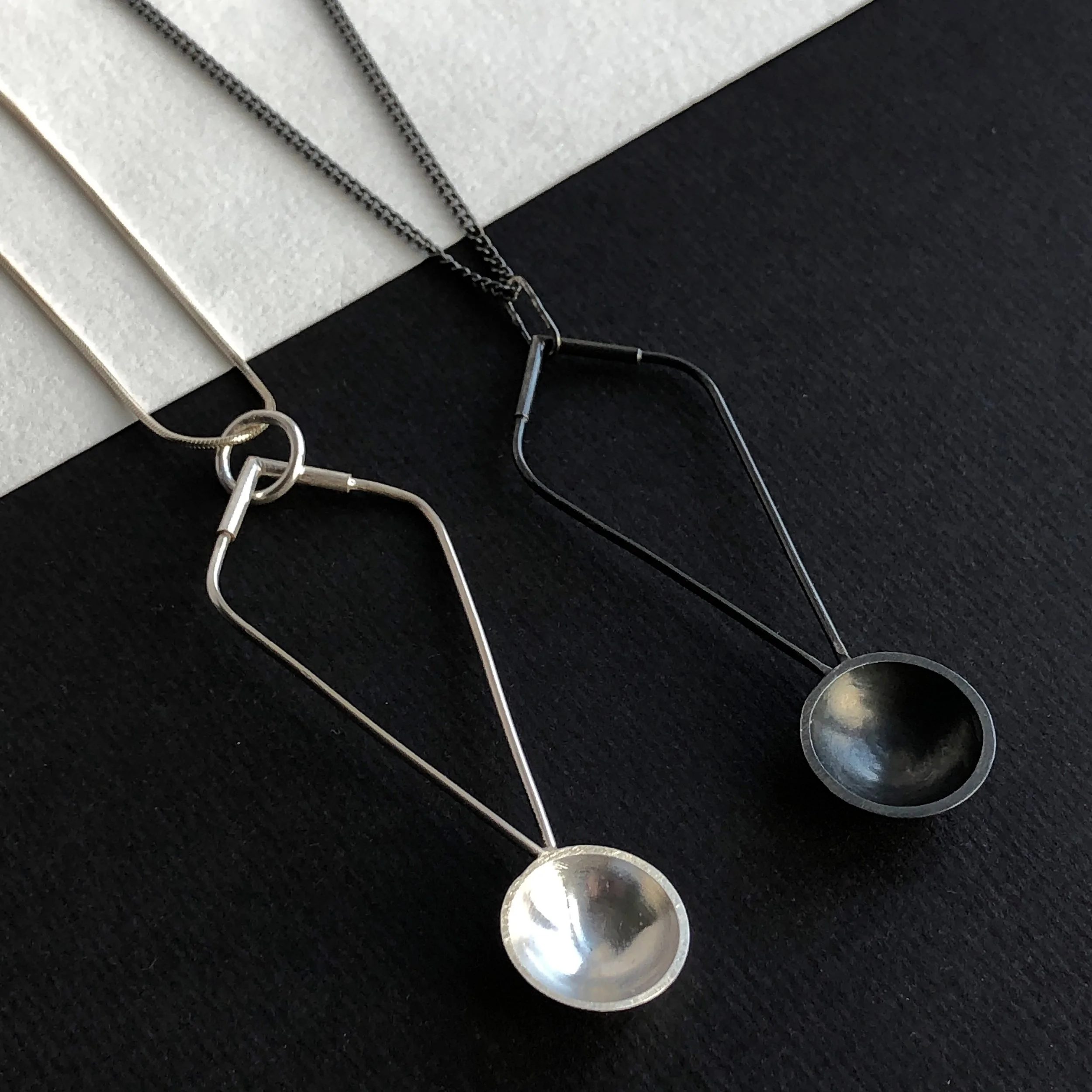 Oxidised silver and silver spoon pendants
