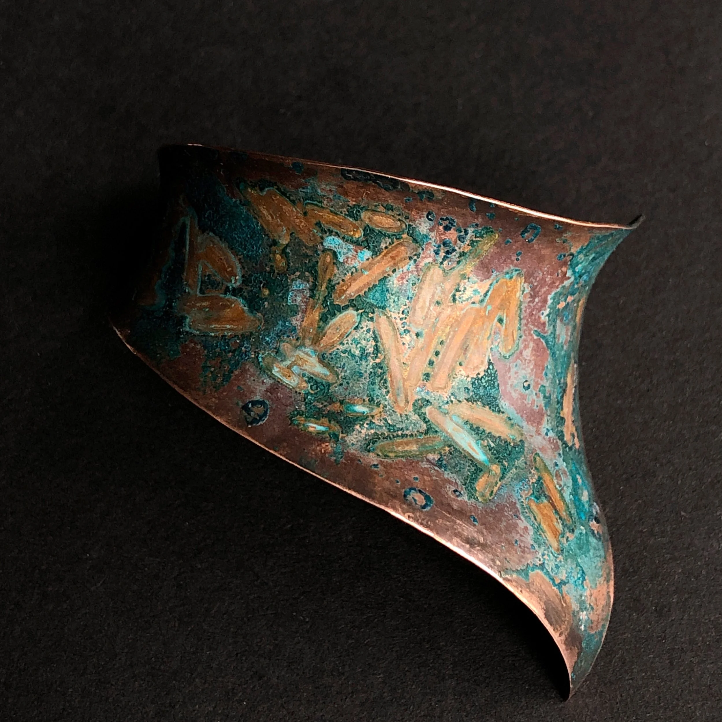 Copper brooch with rice and vinegar patina