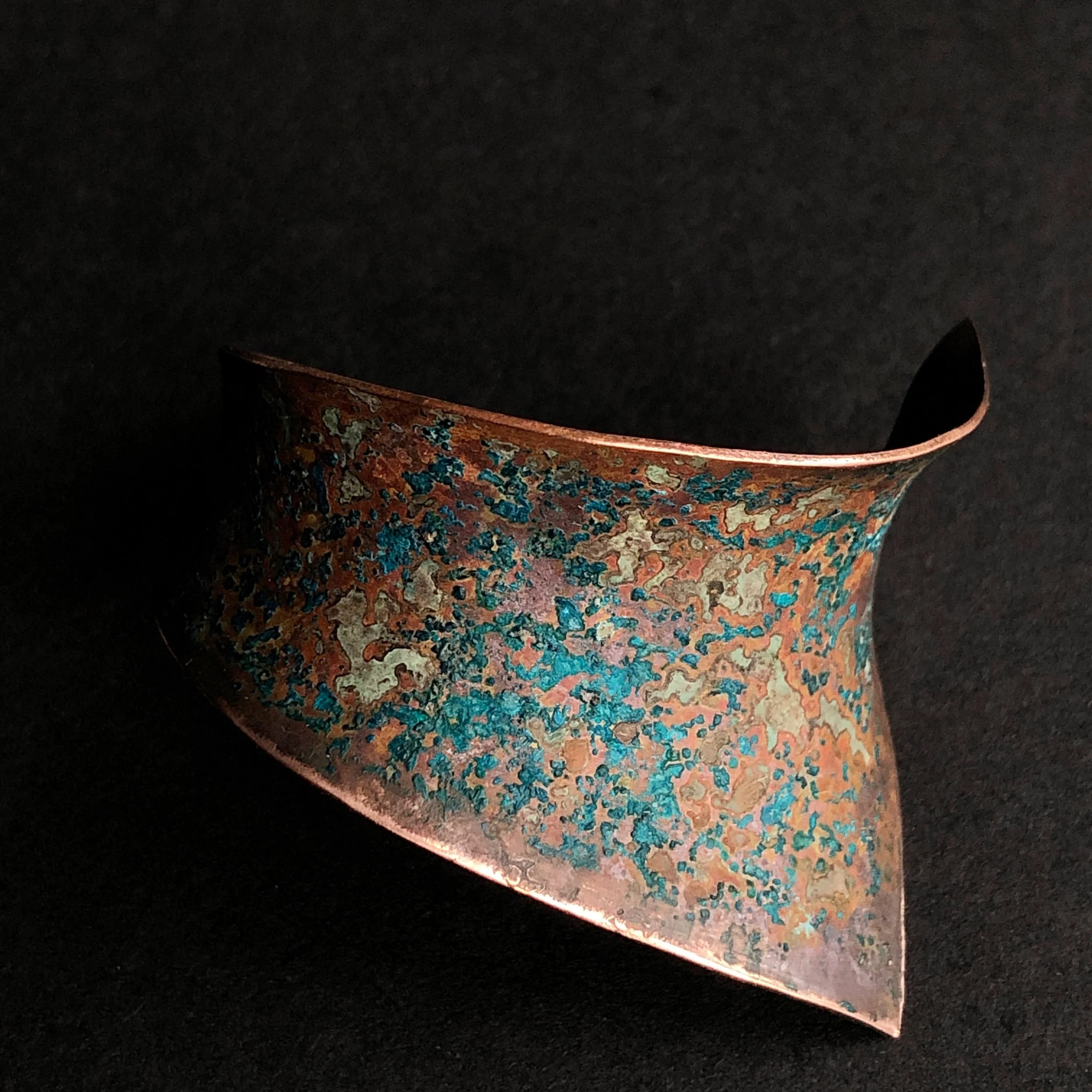 Copper brooch with sawdust and hendersons relish patina