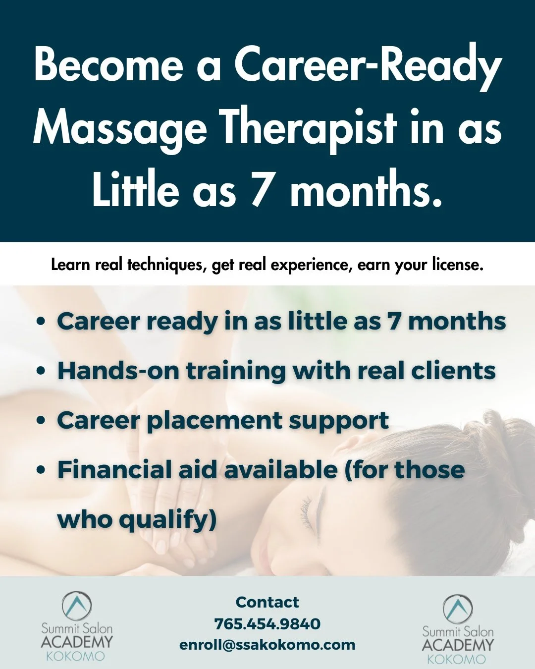 Ready for a career that&rsquo;s flexible, rewarding, and in demand? ✨
Become a career-ready massage therapist in as little as 7 months at Summit Salon Academy Kokomo.

✔️ Hands-on training with real clients
✔️ Career placement support
✔️ Financial ai