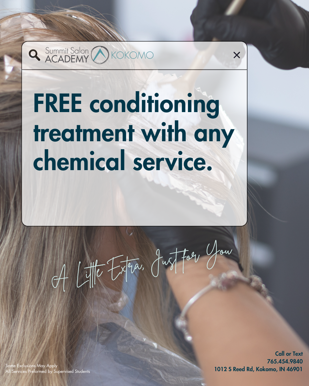 An advertisement for a hair salon offers free conditioning treatment with any chemical service, featuring a woman receiving hair treatment in a salon chair.