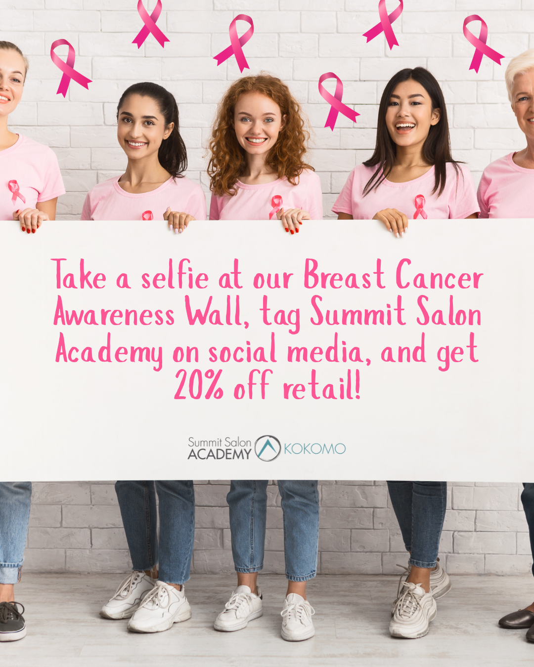 A group of women participating in a breast cancer awareness event, holding a sign promoting a social media campaign for a 20% retail discount, with pink ribbons and pink shirts.