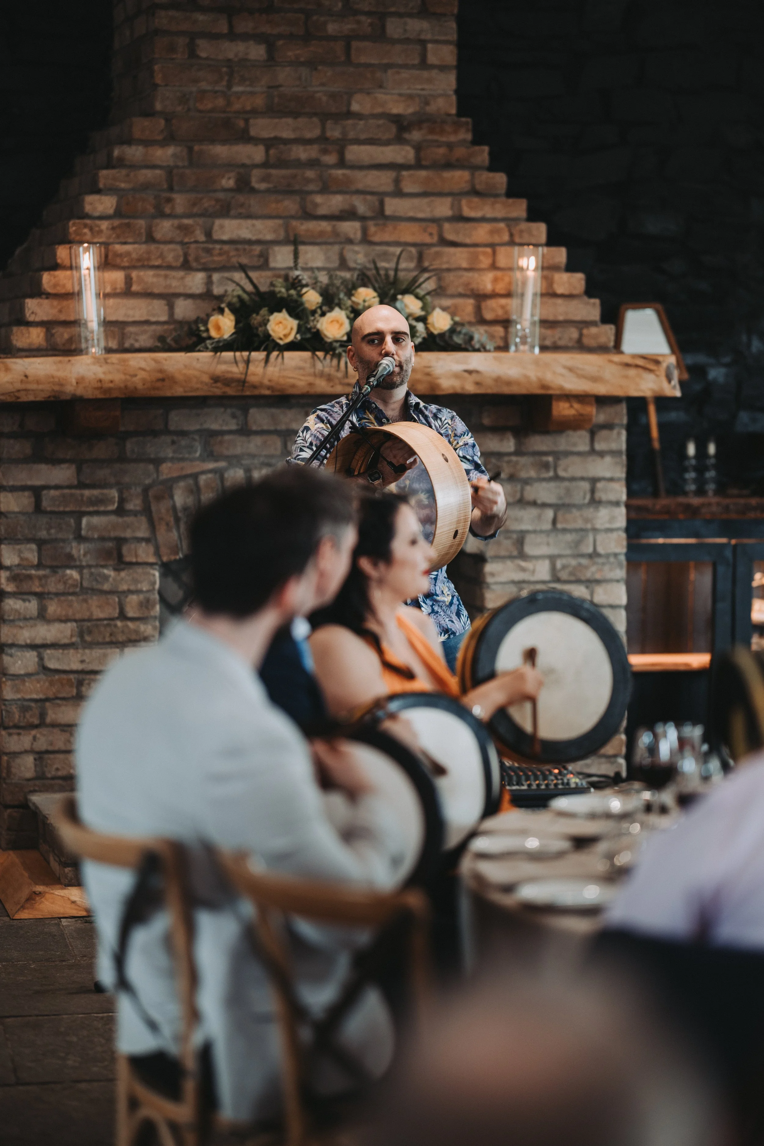 An interactive bodhran workshop at a wedding
