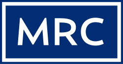 Blue sign with white border and the letters 'MRC' in white.