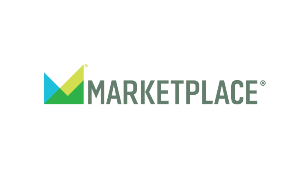 Logo of Marketplace with a stylized checkmark and mountain design in blue, yellow, and green next to the word 'MARKETPLACE' in gray text.