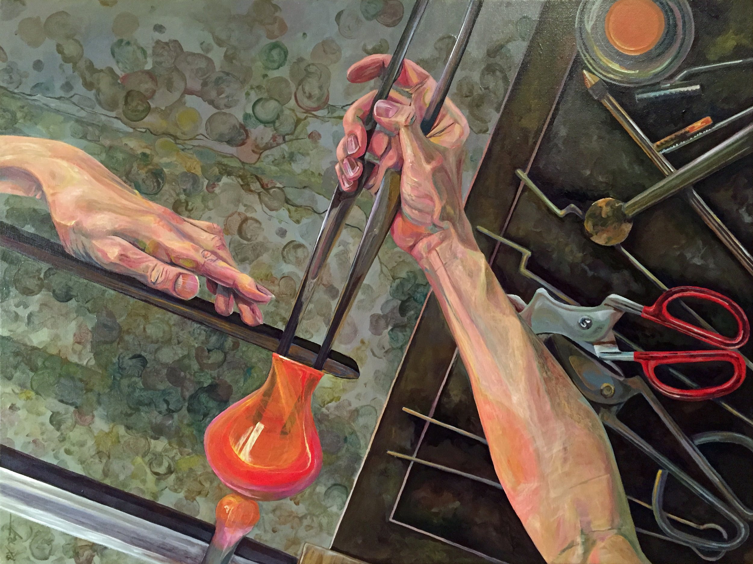 A couple who love glass blowing asked me to do this painting representing their favorite pastime. I learned about the tools, how and why one would lay them out this way, and enjoyed trying to get close to that amazing hot glow, reflected here in the