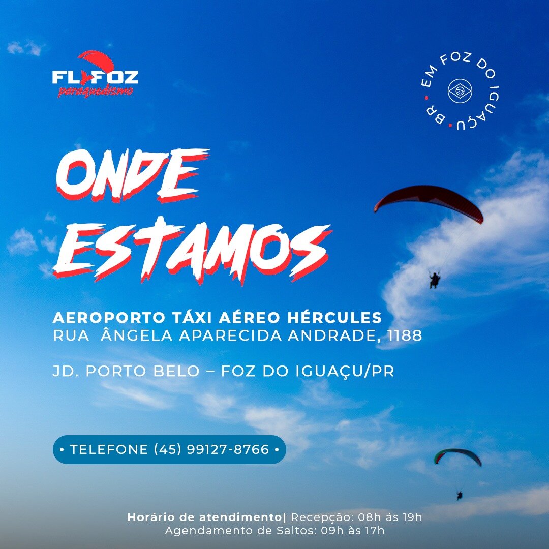 Visite-nos na Fly Foz - Sua Porta de Entrada para Emo&ccedil;&otilde;es nas Alturas!

🌟 Nossa Localiza&ccedil;&atilde;o:

📍 Rua  ngela Aparecida Andrade, 1188
Aeroporto T&aacute;xi A&eacute;reo H&eacute;rcules
Jd. Porto Belo &ndash; Foz do Igua&cce