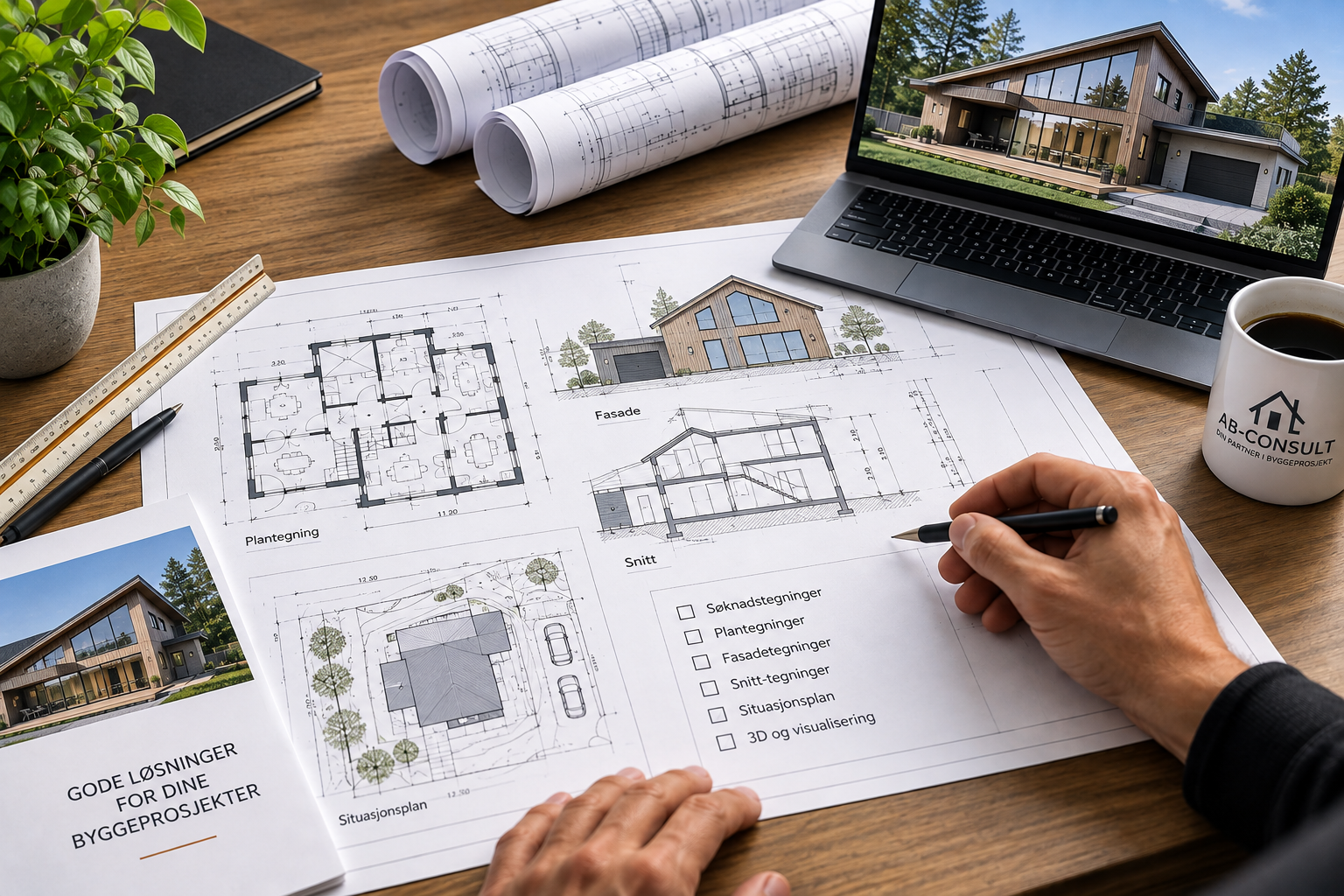 Arkitekttegninger med plantegning, fasadetegning og snitt – AB-Consult