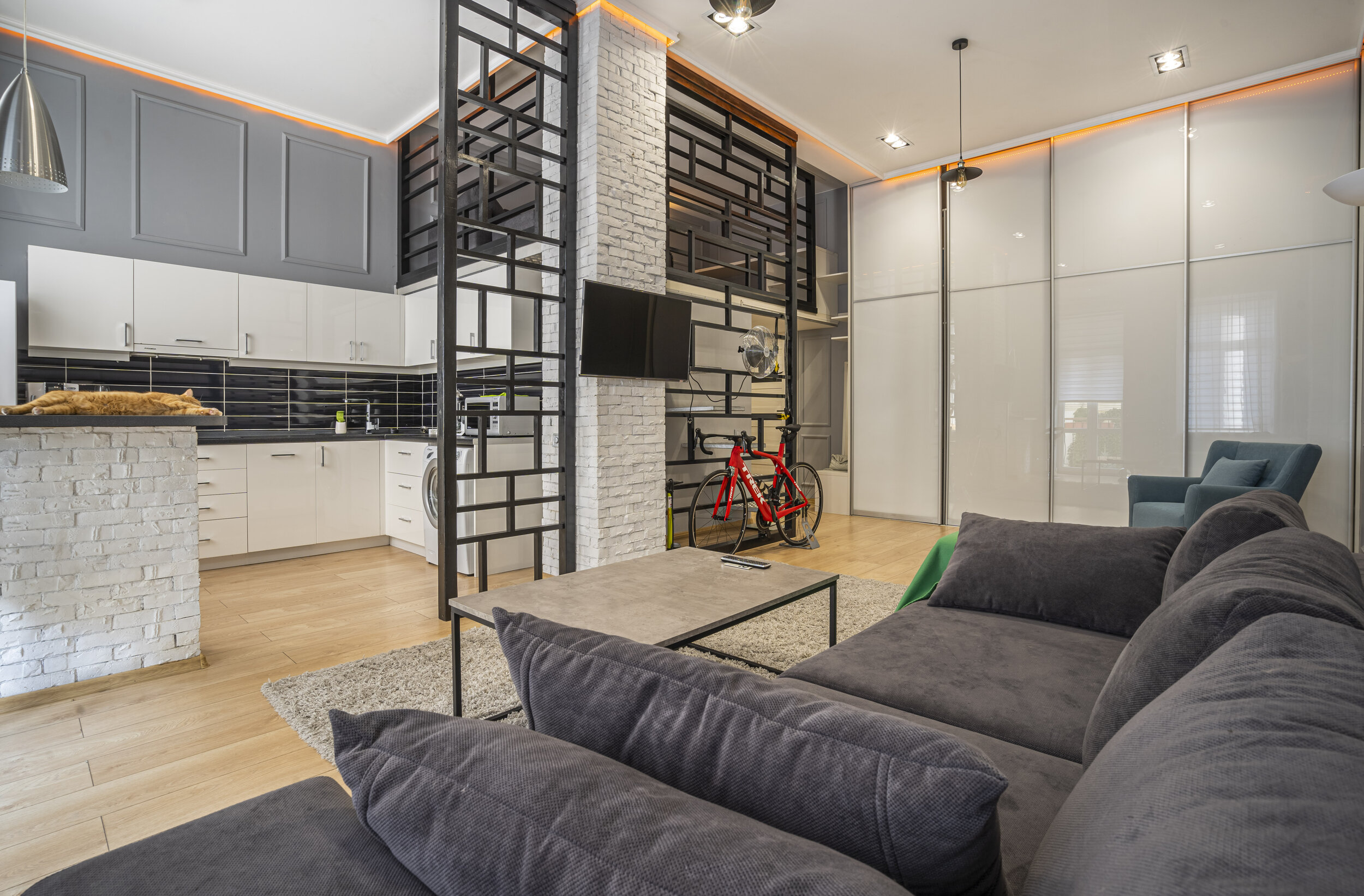 Modern living space with gray sofa, glass coffee table, open kitchen with white cabinets, black backsplash, a red bicycle, a pet cat on the kitchen counter, flat-screen TV on the wall, and contemporary decor.