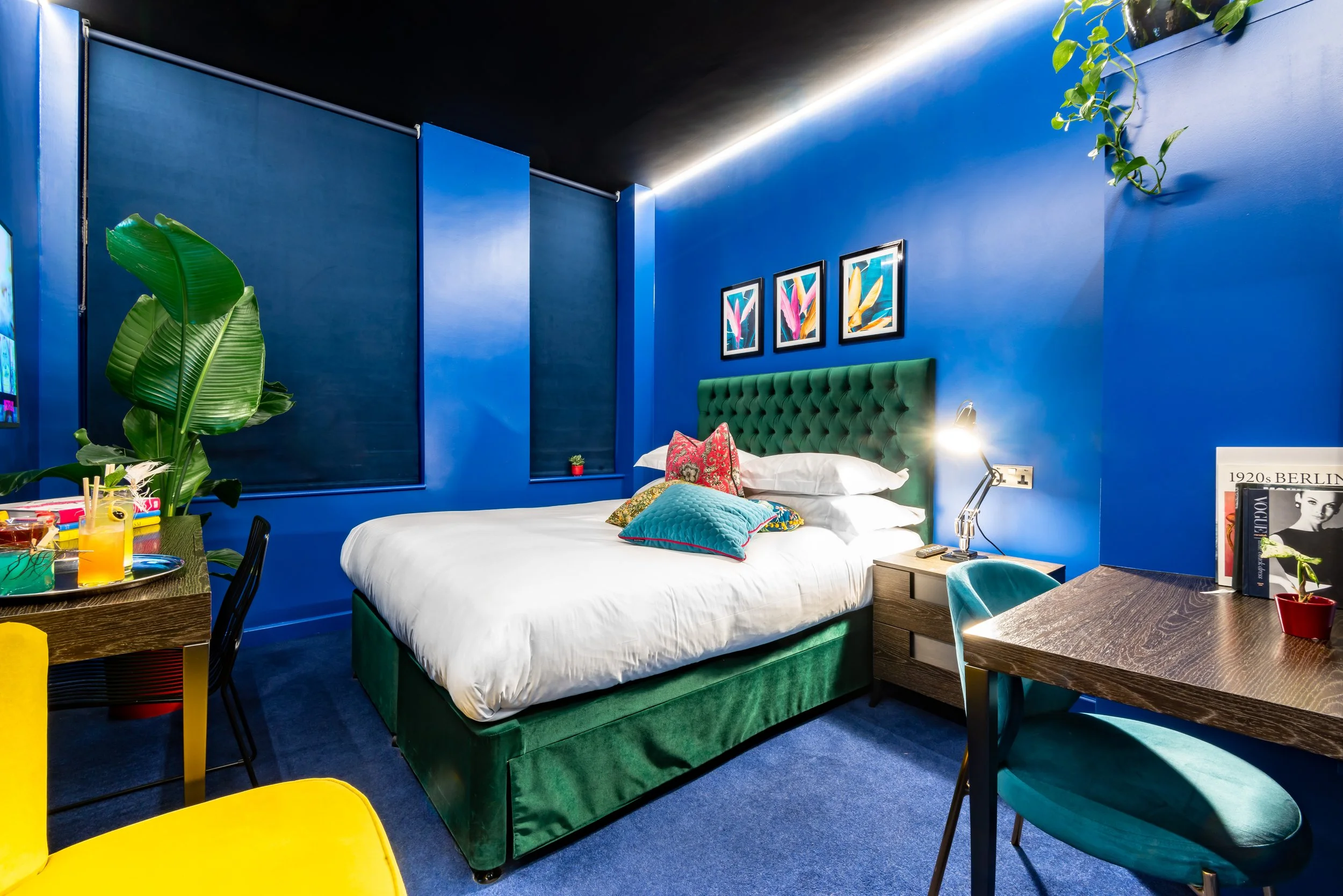 Vibrant modern bedroom with a blue theme, featuring a green tufted headboard, white bedding with colorful pillows, dark wood furniture, and decorative plants. A wooden desk with chairs and framed artwork on the blue walls are also visible.