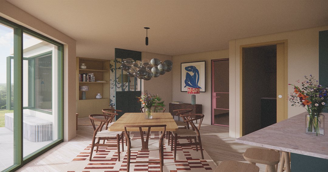 A calm, flexible space for modern family life.

This image shows part of a new interior we're designing for a young family,  a space that brings together dining, working, and playing in a way that feels open and relaxed.

We&rsquo;ve created a palett