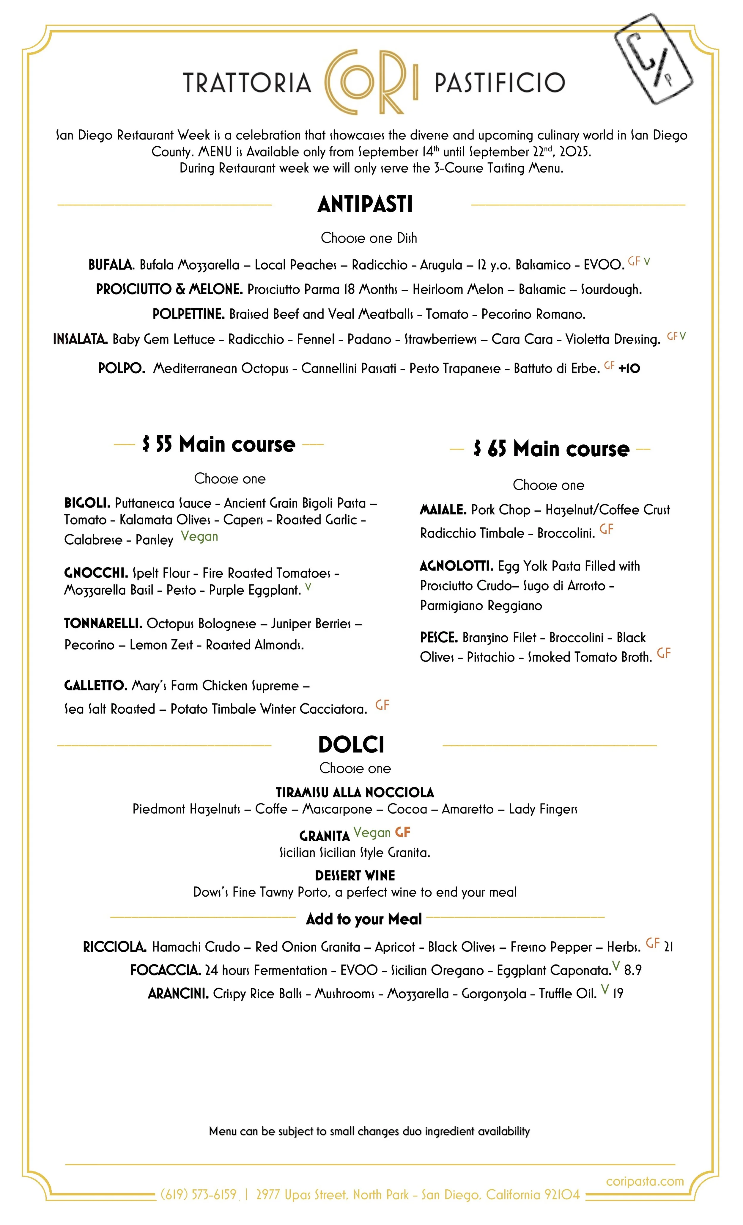 CORI SDRW MENU 2025 North park