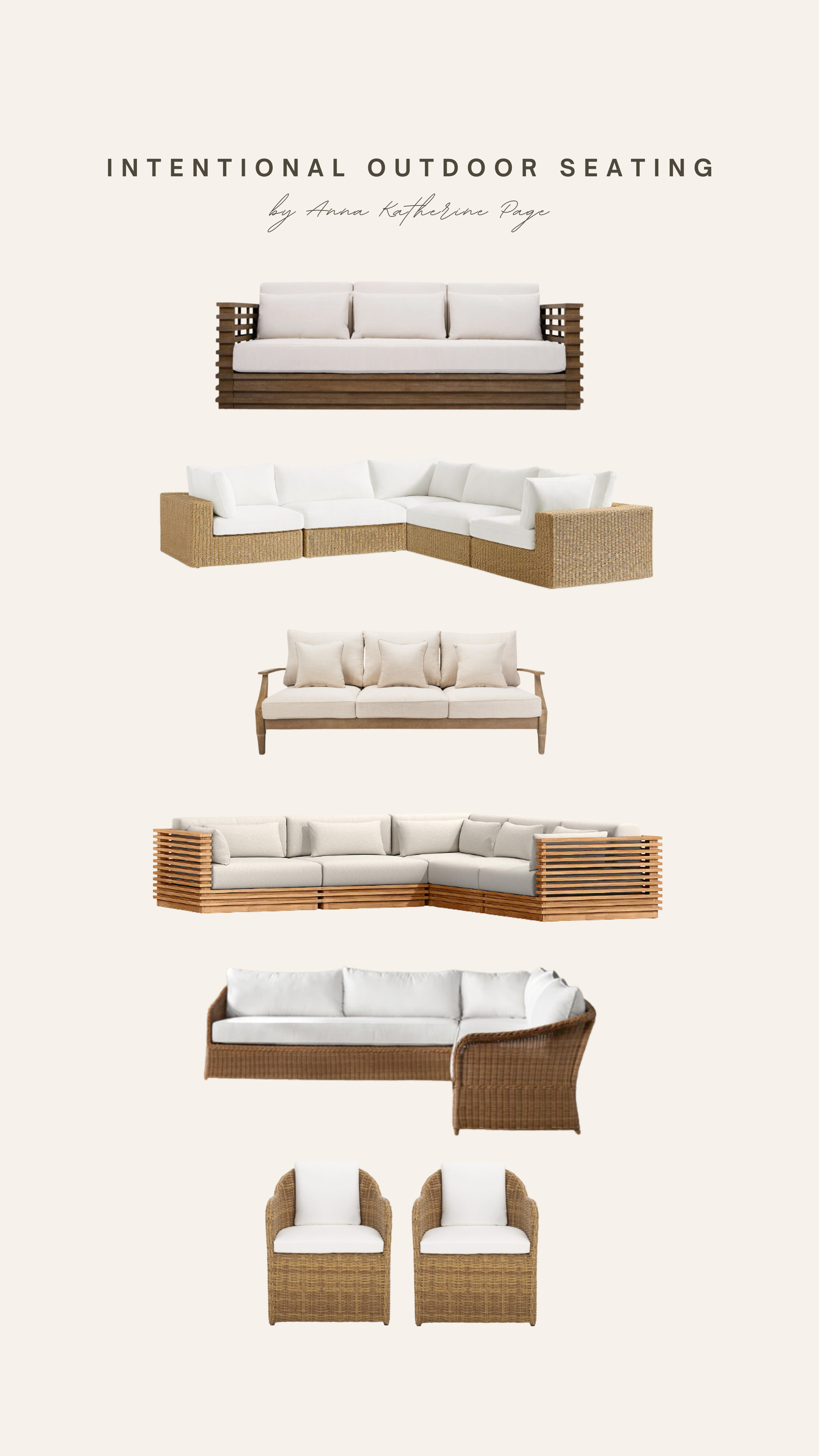 Outdoor seating ideas featuring sectional sofas, deep-seat chairs, and modular patio furniture in neutral tones