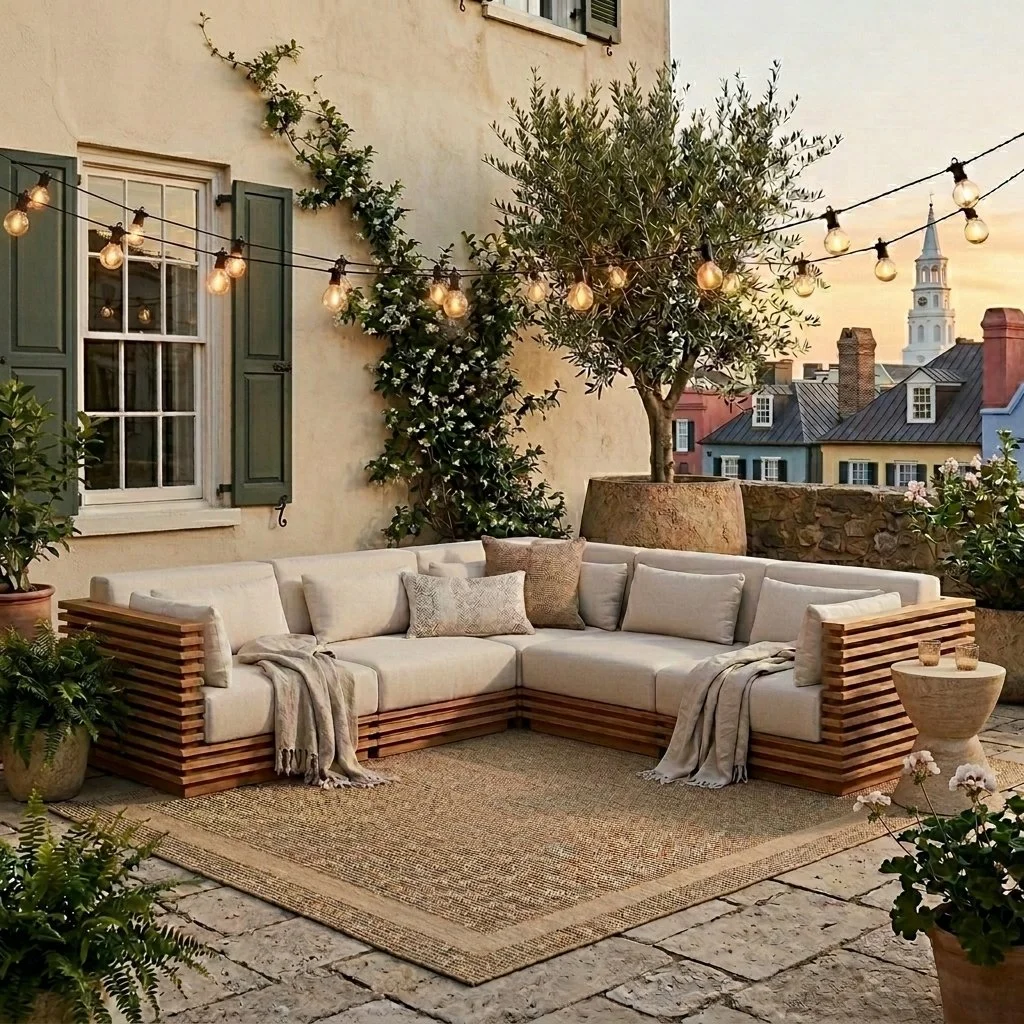Styled outdoor patio with teak sectional sofa, string lights, and stone flooring creating an expensive-looking backyard setup