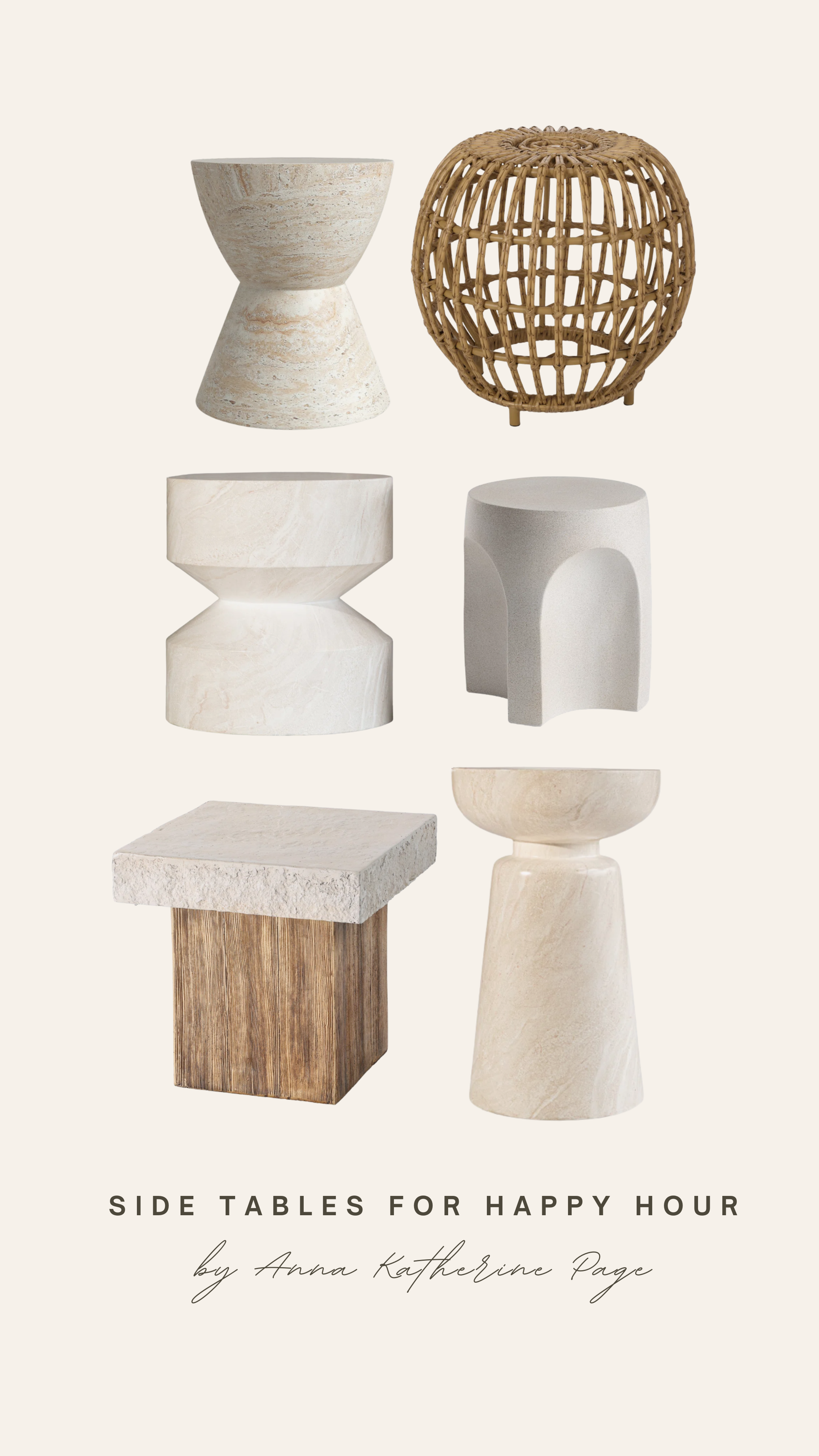 Outdoor side tables in concrete, rattan, and teak wood styles perfect for patio happy hour setups Pillows — Outdoor throw pillows and bolster cushions in neutral tones with Sunbrella-style weather-resistant fabrics