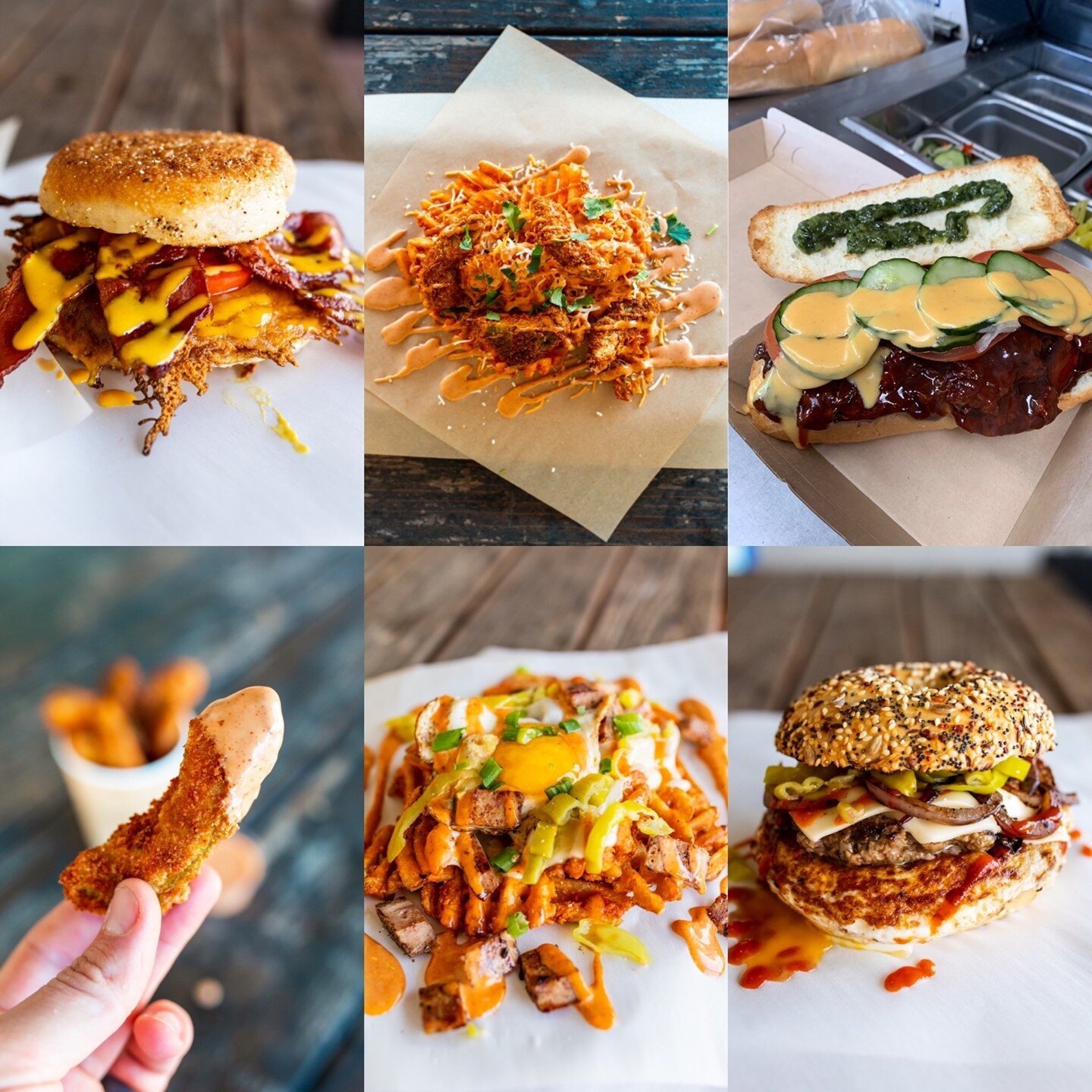 You can only pick one, GO!!⁠
⁠
TL - Breakfast English Muffin⁠
TM - San Diego DiRtY Fries⁠
TR - Al's Chicken Sando⁠
BL - Avocado Fries⁠
BM - DiRtY Jersey Fries⁠
BR - Breakfast Bagel Burger⁠
⁠
🦄 See the #bestfoodtruckever menu, locations, or ask about