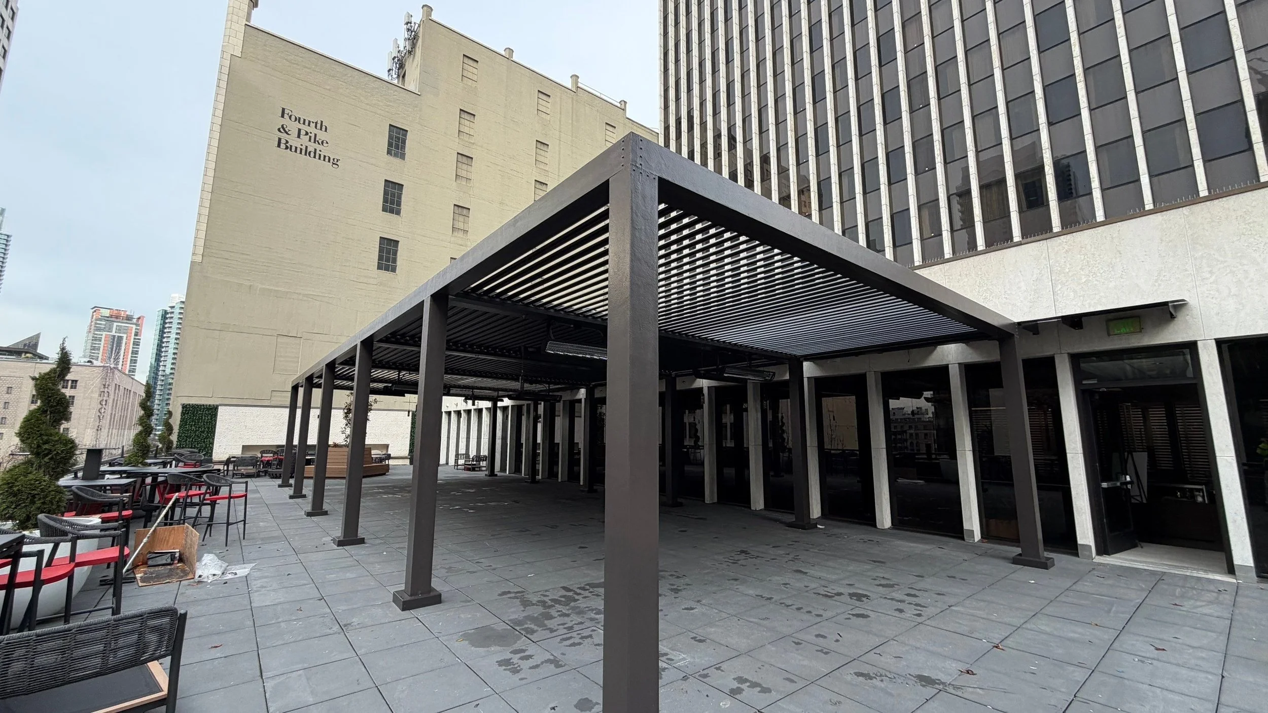 Exterior intumescent coating in Seattle – completed fireproofing system on restaurant aluminum canopy
