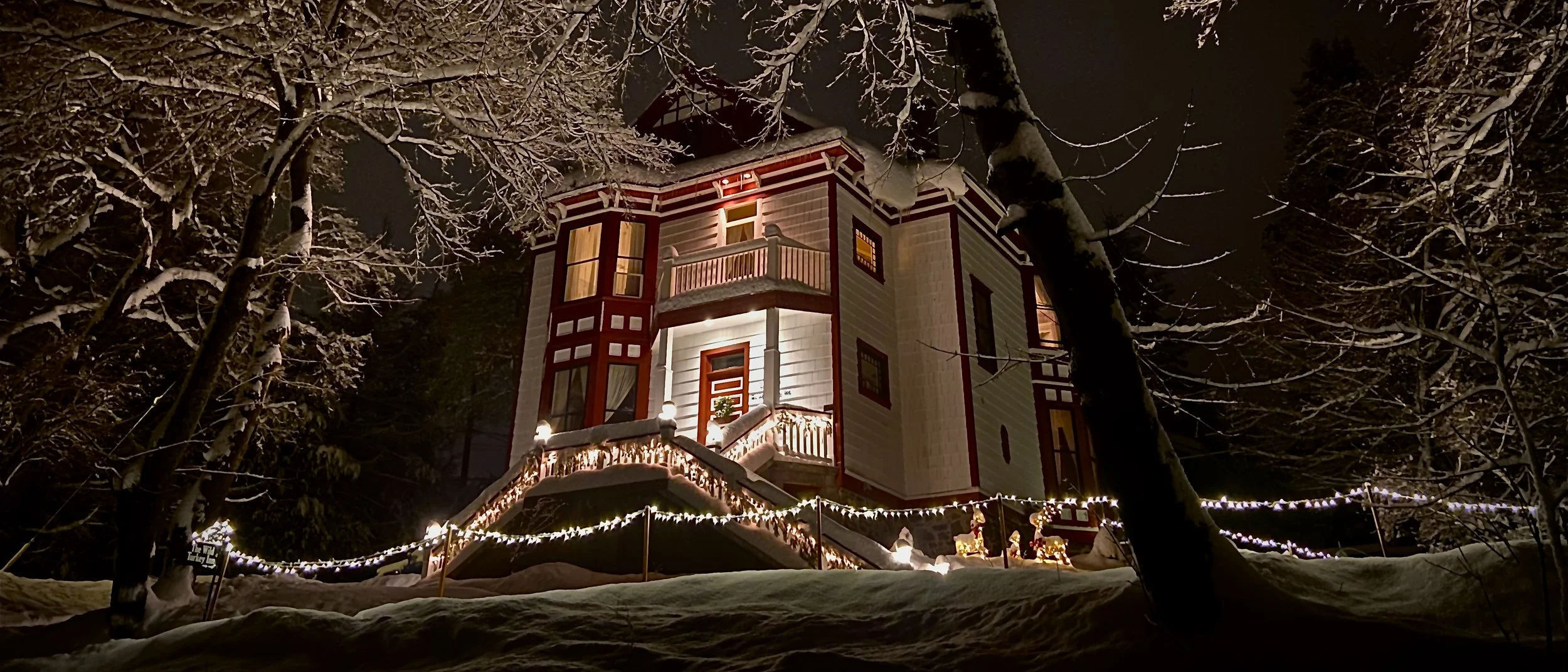 The Wild Turkey Inn. A multi-story house decorated with Christmas lights at night, surrounded by snowy trees.