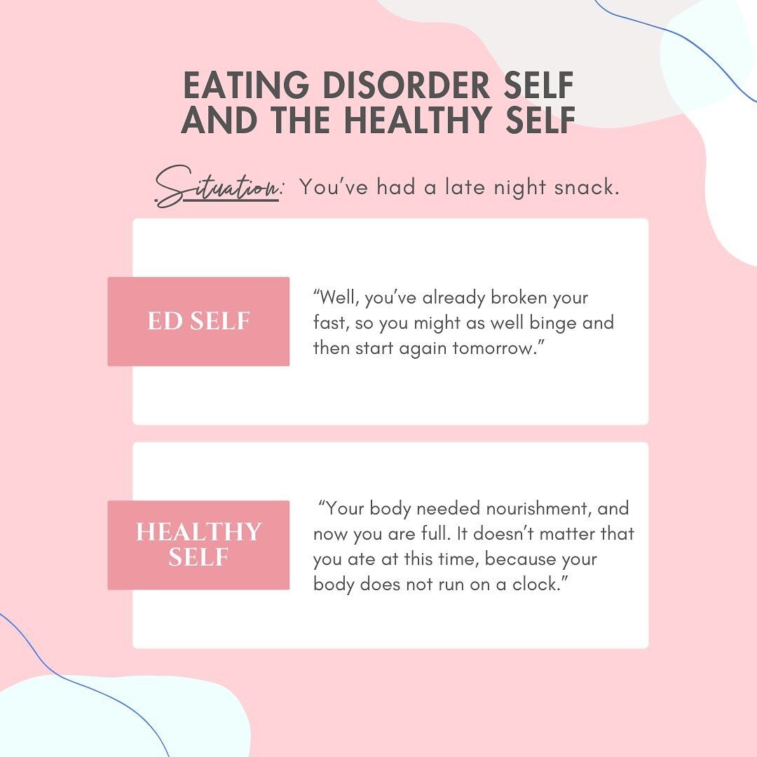 Continuing our Eating Disorder Self vs Healthy Self series where we will share examples of ED Self and Healthy Self to help you identify the two! Today&rsquo;s situation: you had a late night snack 🍪🍿🍓 Your eating disorder self will take any situa