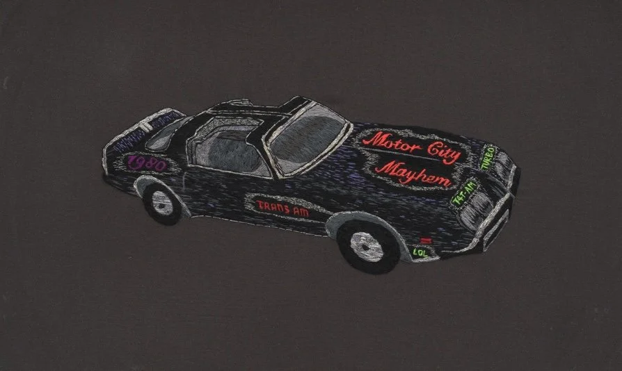 LJ Roberts, T4T AM (Motor City Mayhem), 2025, Hand-stitched embroidery on cotton, 7 1_2 x 12 ¾, Framed, 11 x 16 x 1 3_4 in, L_ROB0062. Photo by JSP Art Photography copy 2.jpg