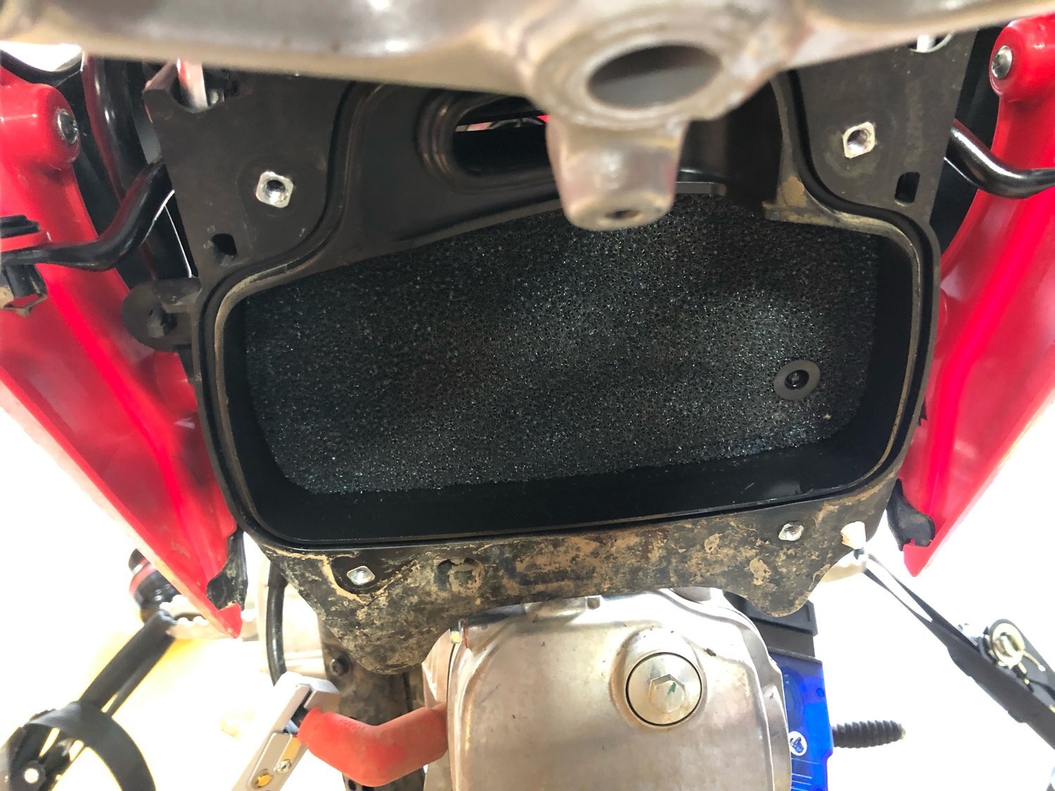 As we remove the airbox lid, we find a rather thick foam filter with a mesh backfire screen on the opposite side. We found the foam was a bit saturated from the factory. So we wringed out the excess oil and removed the backfire screen. From here, th…