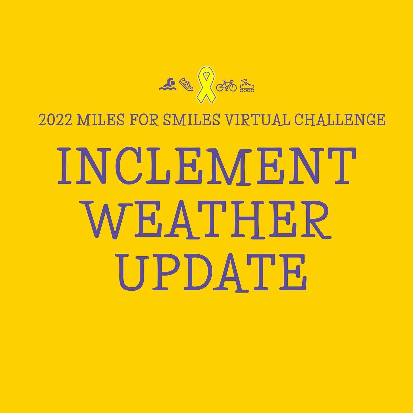 Miles For Smiles Weather Update🌩 Due to pending inclement weather in various locations, we&rsquo;ve extended the Miles for Smiles activity and Donation window!

Feel free to complete your activity anytime today through Tuesday, May 10 in order to ha