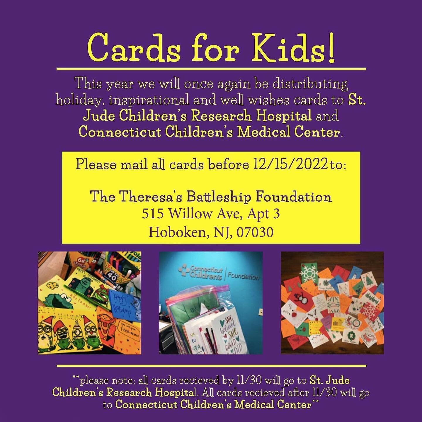 This year we are once again, collecting cards to give to pediatric cancer patients being treated at @stjude and @connecticutchildrens 💜💌 

Please send all cards by 12/15 to ensure they get to us in time to be delivered!!!

Drop off locations are al