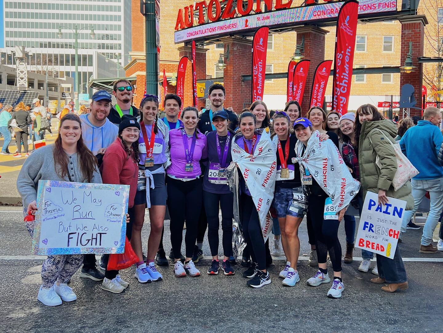 All smiles from this crew!! Congratulations to the runners today on completing the 5k, 10k, Half Marathon and Full Marathon for the @stjude Memphis Marathon Weekend!💜👟💛 #KeepSmiling