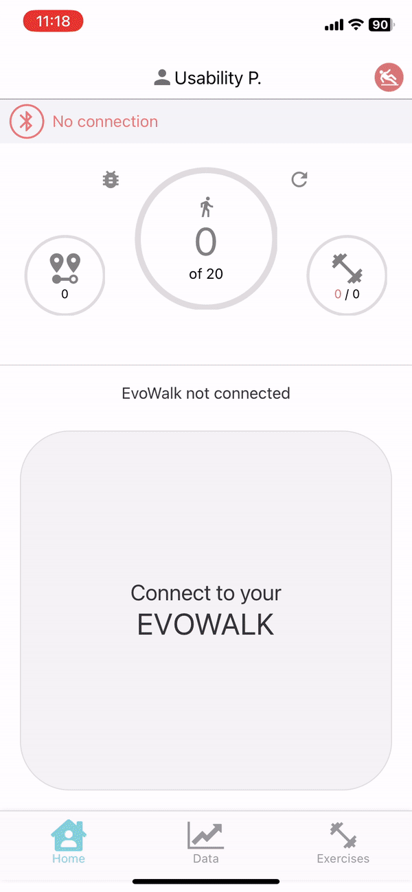Mobile app screen showing 'No connection' message, with options for tracking steps, distance, and exercises, and a prompt to connect to EVOWALK. The app displays 0 steps out of 20, 0 distance, and 0 exercises, with no connection indicated.