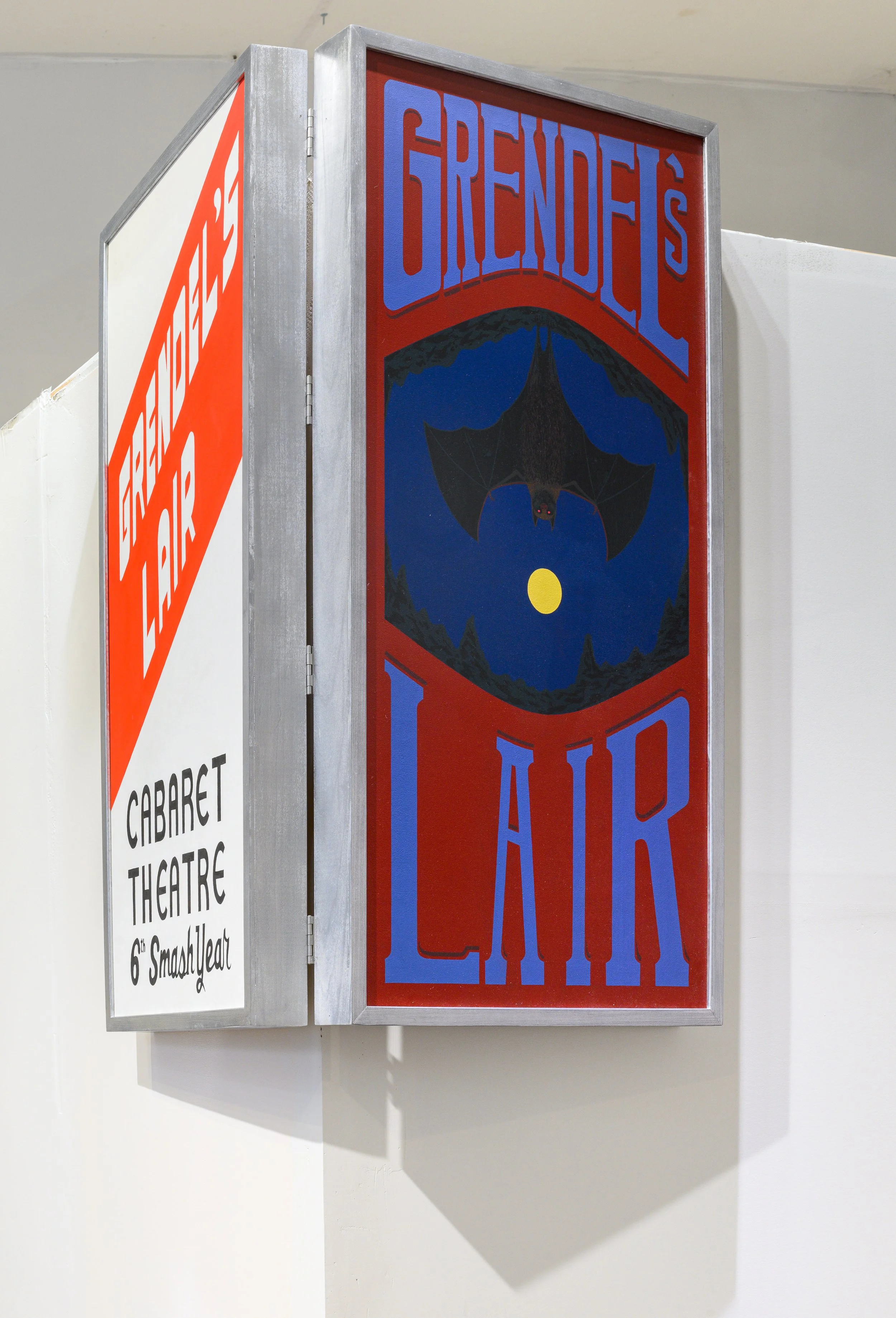 Libby Rosa and Alex Jackson, "Grendel’s Lair (Facsimile of Original Sign and Reimagined Sign)," 2026. Acrylic, sign painting enamel, flashe, wood, 62 x 32 inches each 
