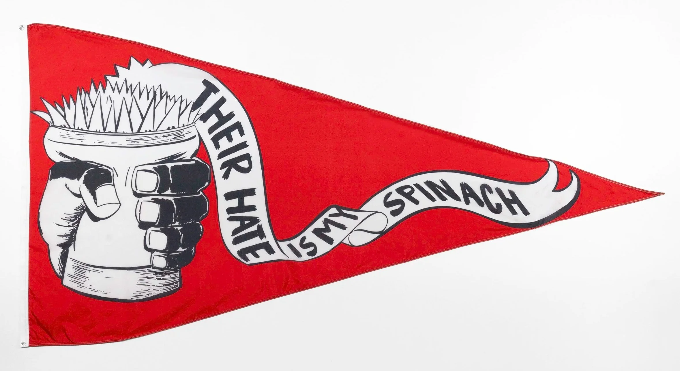 Mark Thomas Gibson, "Their Hate is My Spinach," 2024. Digital print on nylon, commissioned by The Philadelphia Waterfront for public group flag exhibition "Commemorations"  at Spruce Street Harbor Park, 10 x 5 FT