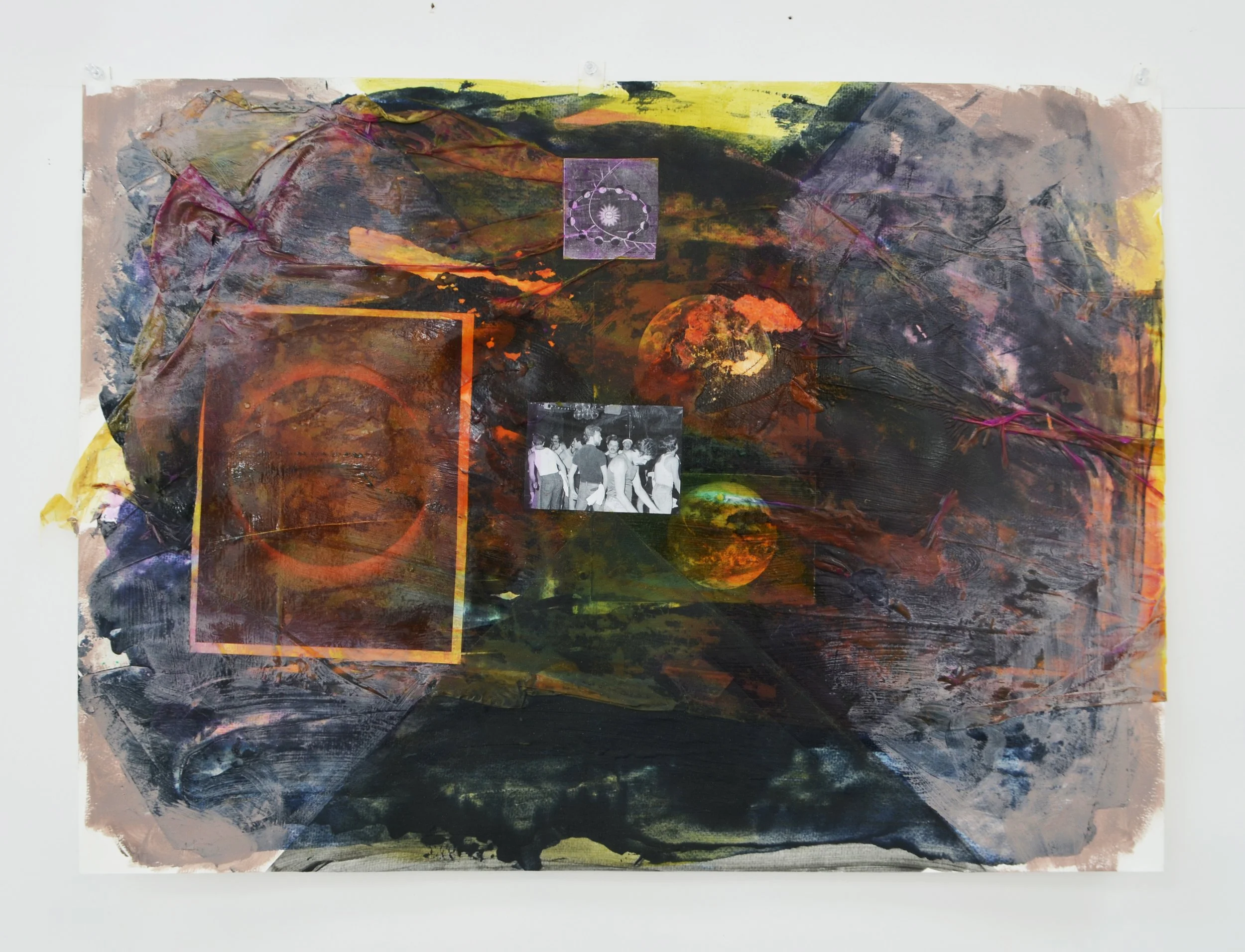 Jacob Todd Broussard, "Relativity Clock 2," 2026. Acrylic and mixed media on watercolor paper, 22.5"x30.5"
