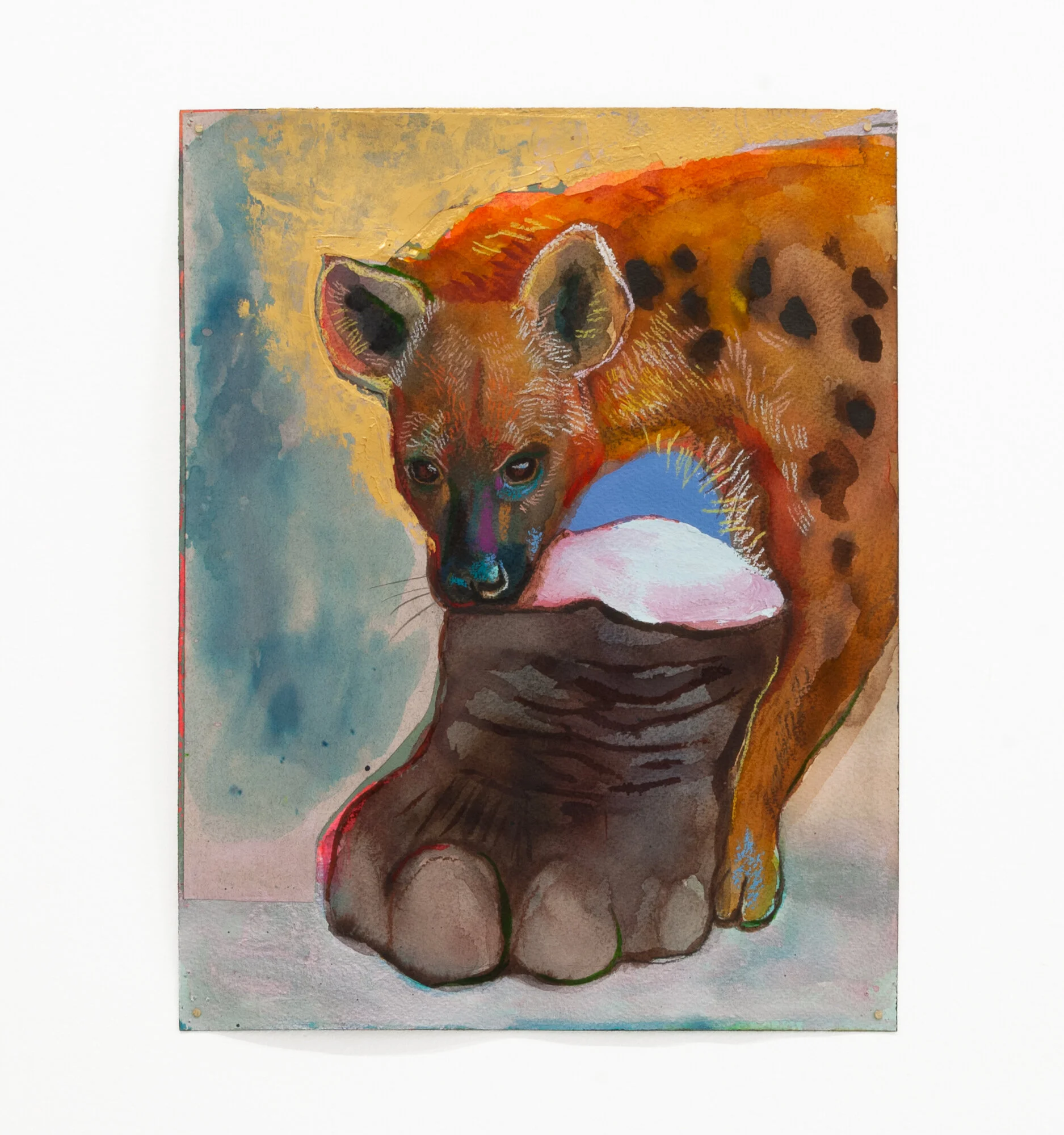Karen Heagle, Hyena with Elephant Foot, 2021, acrylic, ink, watercolor, and colored pencil on paper, 14” x 11”